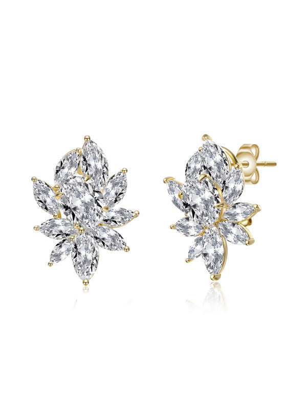 Sterling Silver With Clear Cubic Zirconia Corsage Flower Cluster Stud Earrings