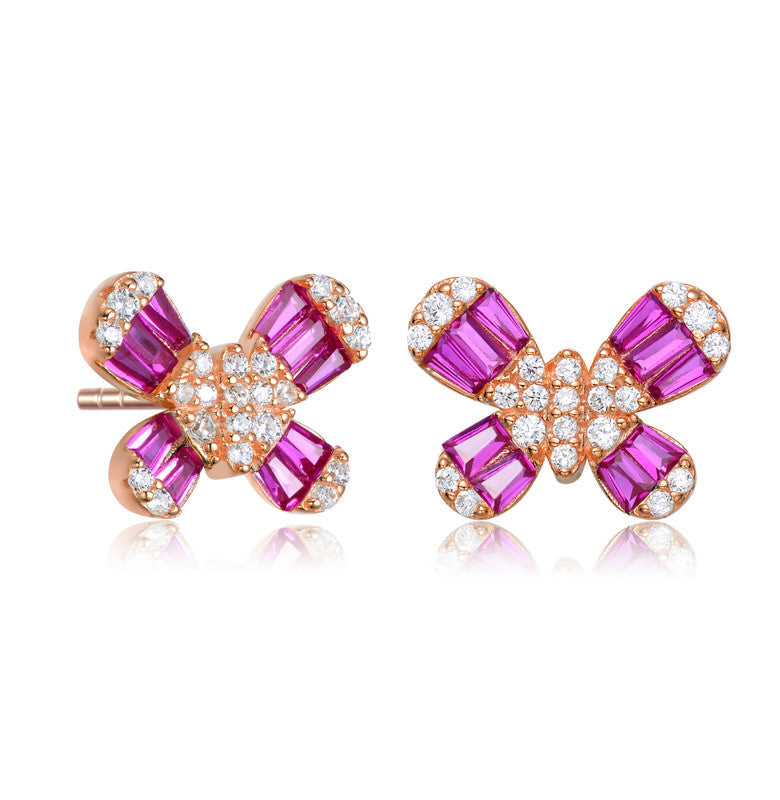 Ga Sterling Silver With Rose Gold Plated Red Baguette And Clear Round Cubic Zirconia Butterfly Stud Earrings