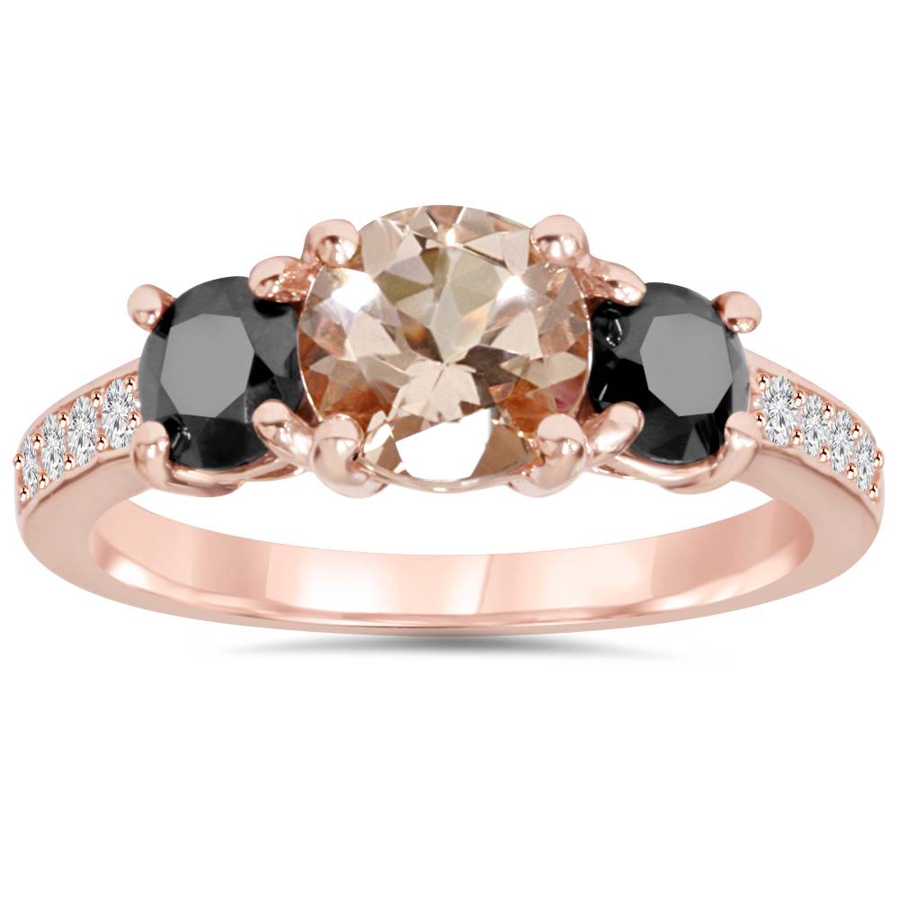 2.10Ct Morganite & Black Diamond Engagement 3-Stone Ring 14K Rose Gold