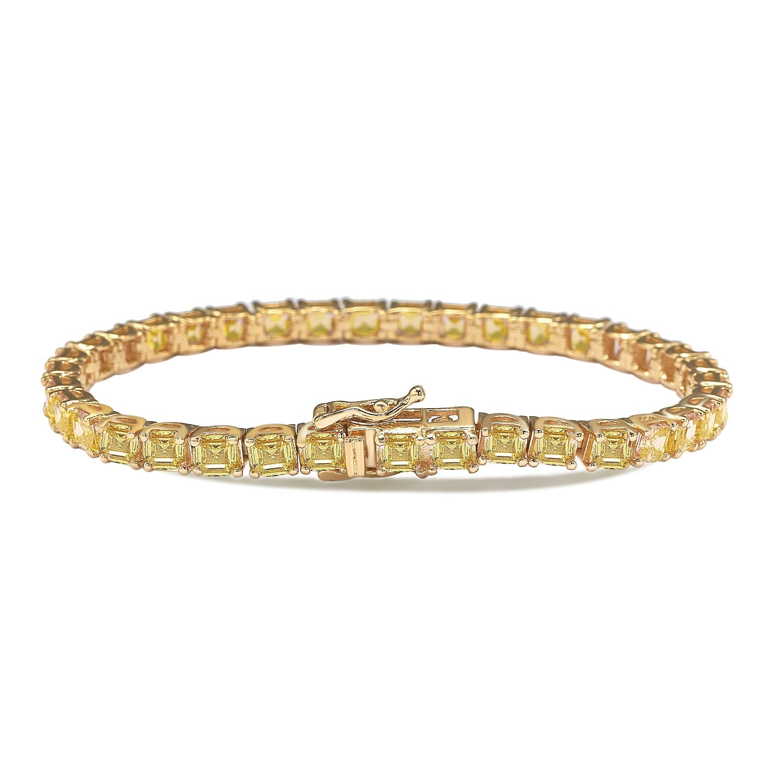 Suzy Levian Golden Sterling Silver Yellow Assher Cut Cubic Zirconia Tennis Bracelet