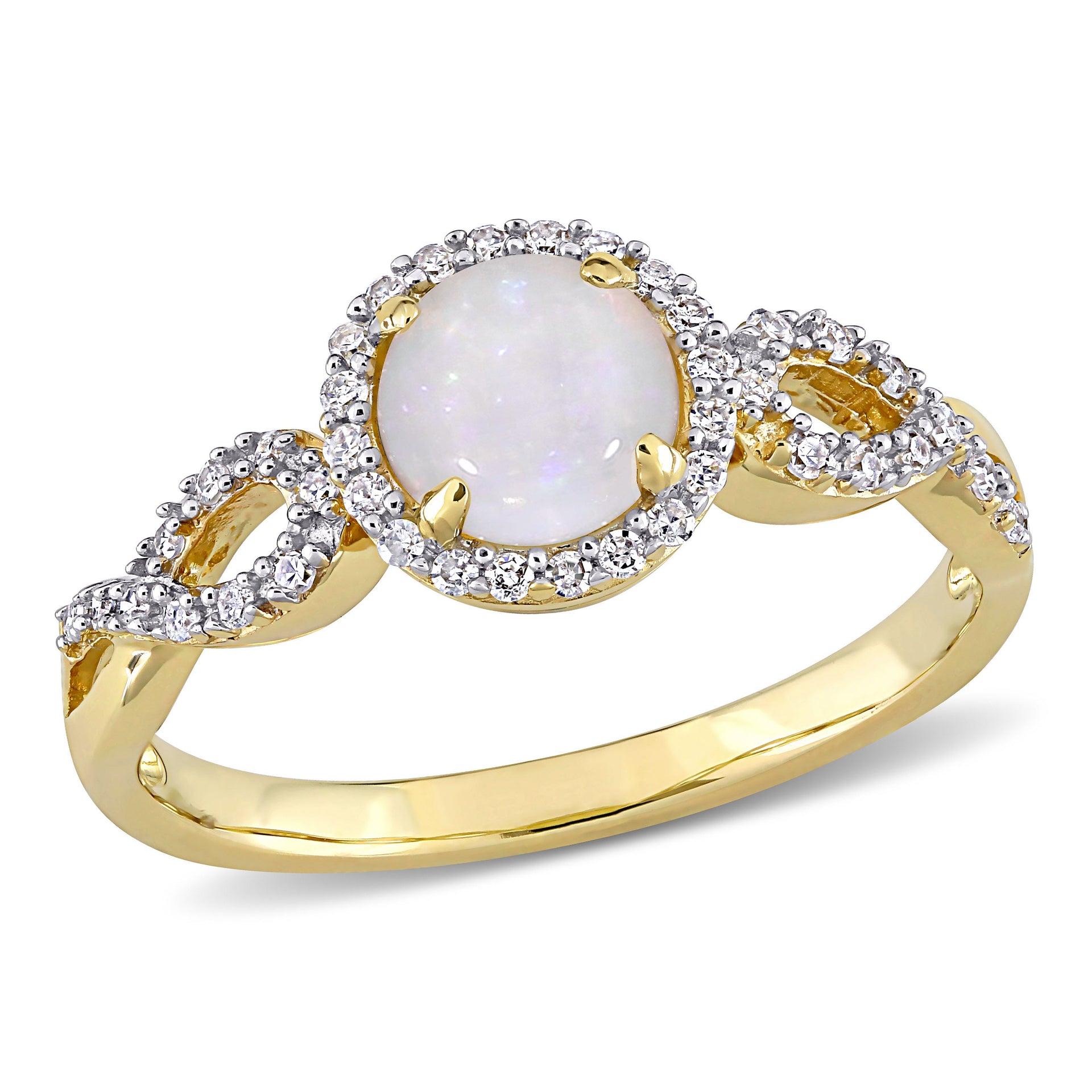 1/2 CT TGW Opal and 1/6 CT TW Diamond Circular Infinity Ring in 10K Yellow Gold