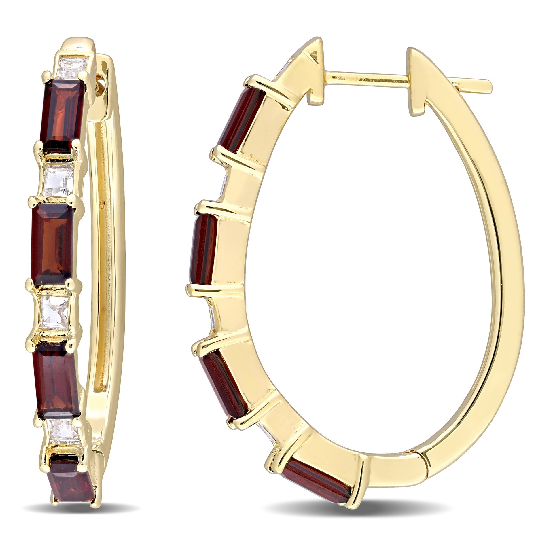 3 CT TGW Baguette Garnet & White Topaz Hoop Earring in Yellow Plated Sterling Silver