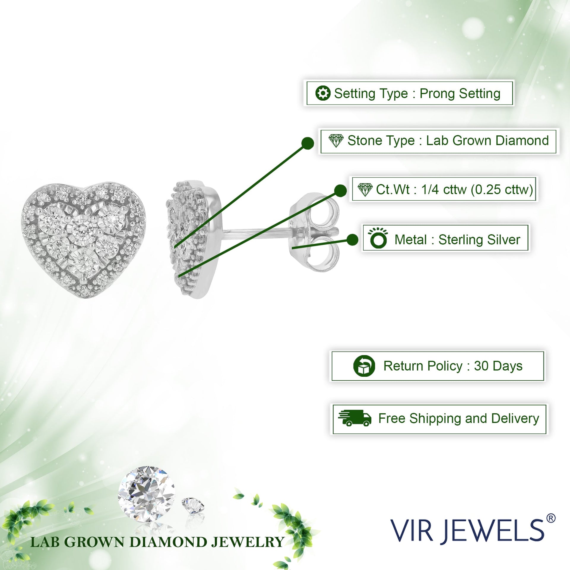 1/4 cttw Lab Grown Diamond Heart Stud Earrings .925 Sterling Silver Prong Set