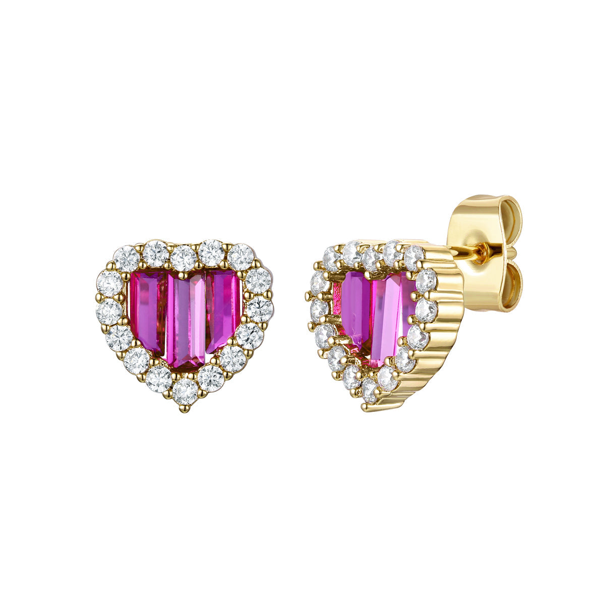 Rg Young Adult 14k Gold Plated with Ruby & Diamond Cubic Zirconia Baguette Heart Halo Stud Earring