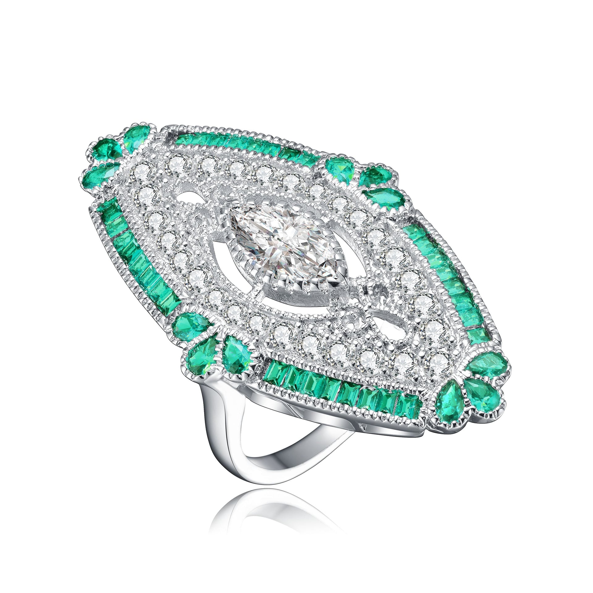 Sterling Silver Emerald Cubic Zirconia Coctail Ring