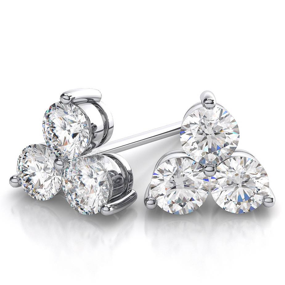 1ct Lab Grown Diamond 3 Stone Studs Women's Earrings 14K White Gold