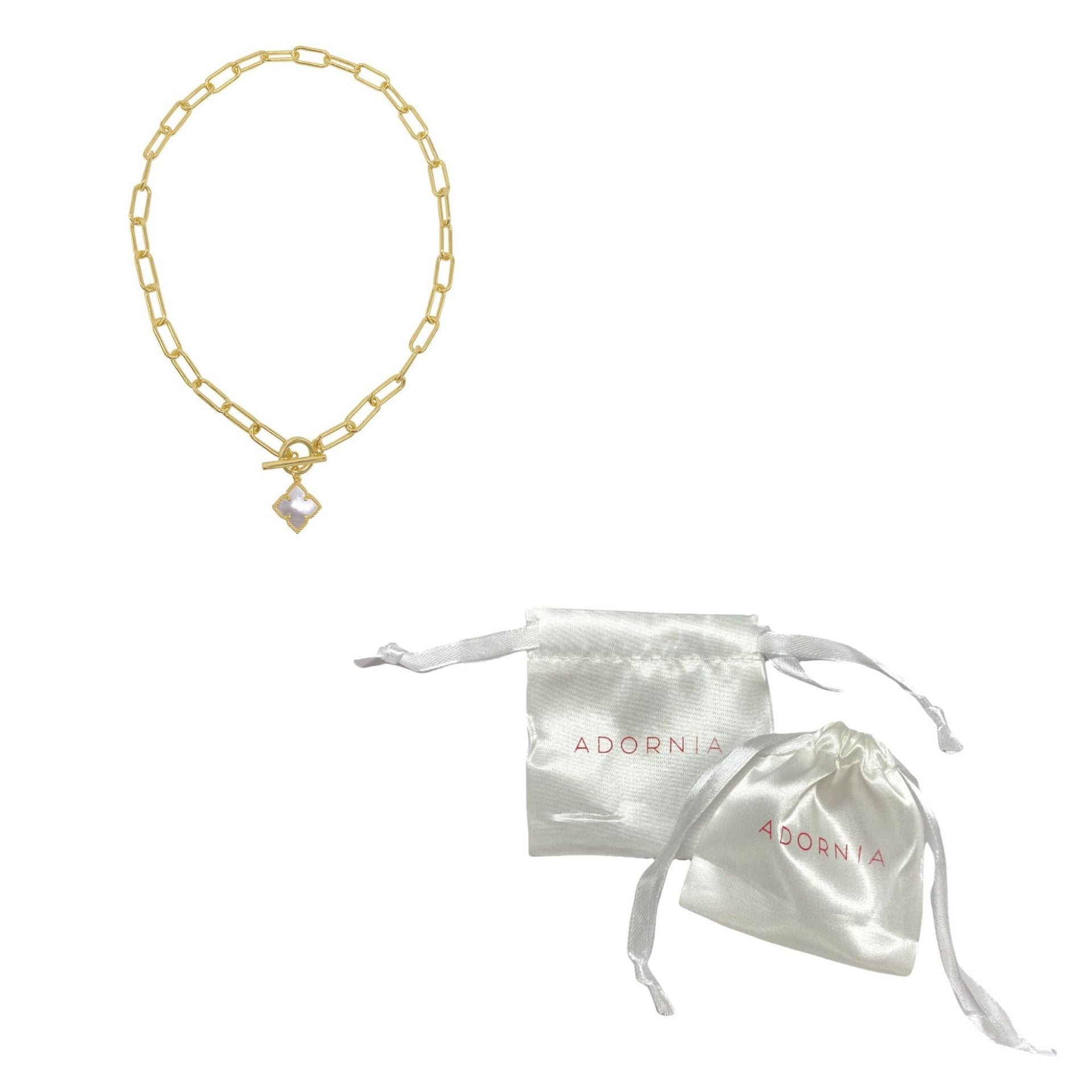 14k Gold Plated Flower White Mother-of-Pearl Paper Clip Chain Toggle Necklace