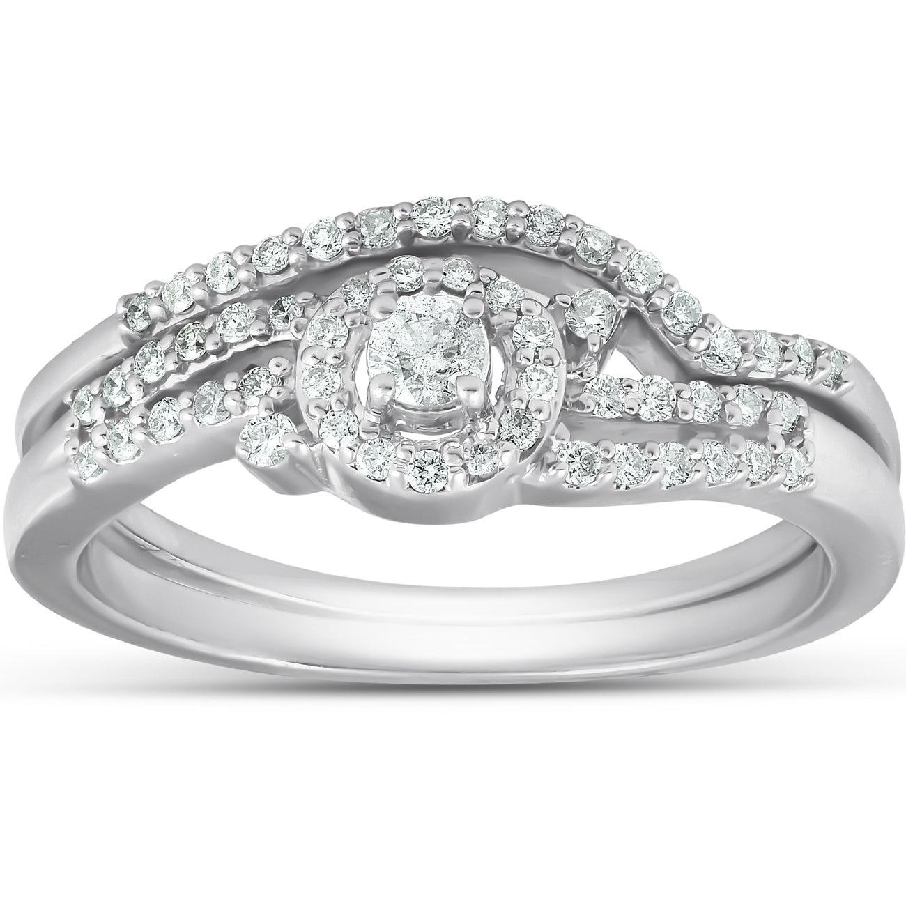 1/3 Ct Diamond Engagement Ring Twist Halo Wedding Band Set 10 White Gold