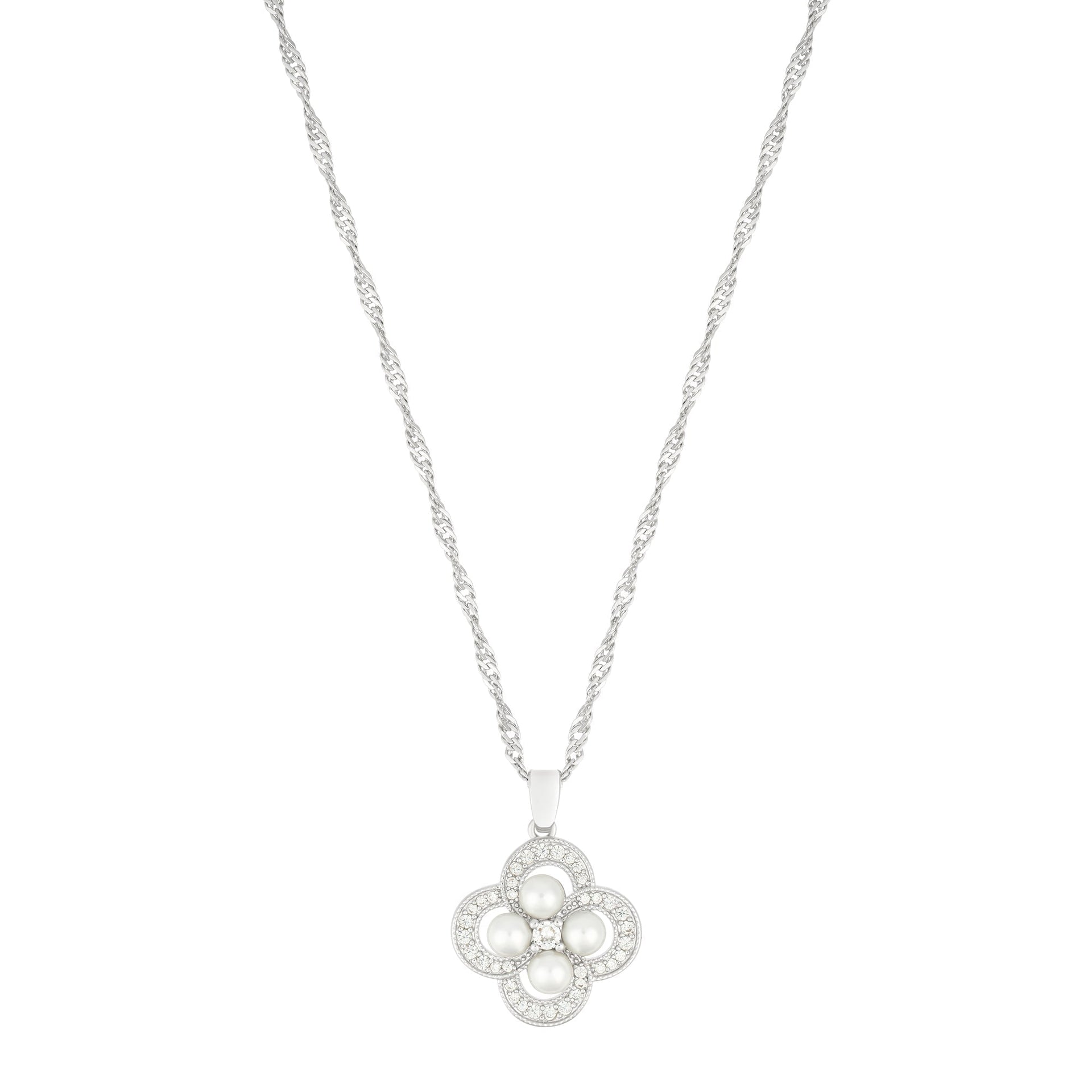 Silver Plated Pearl-studded Clover Necklace