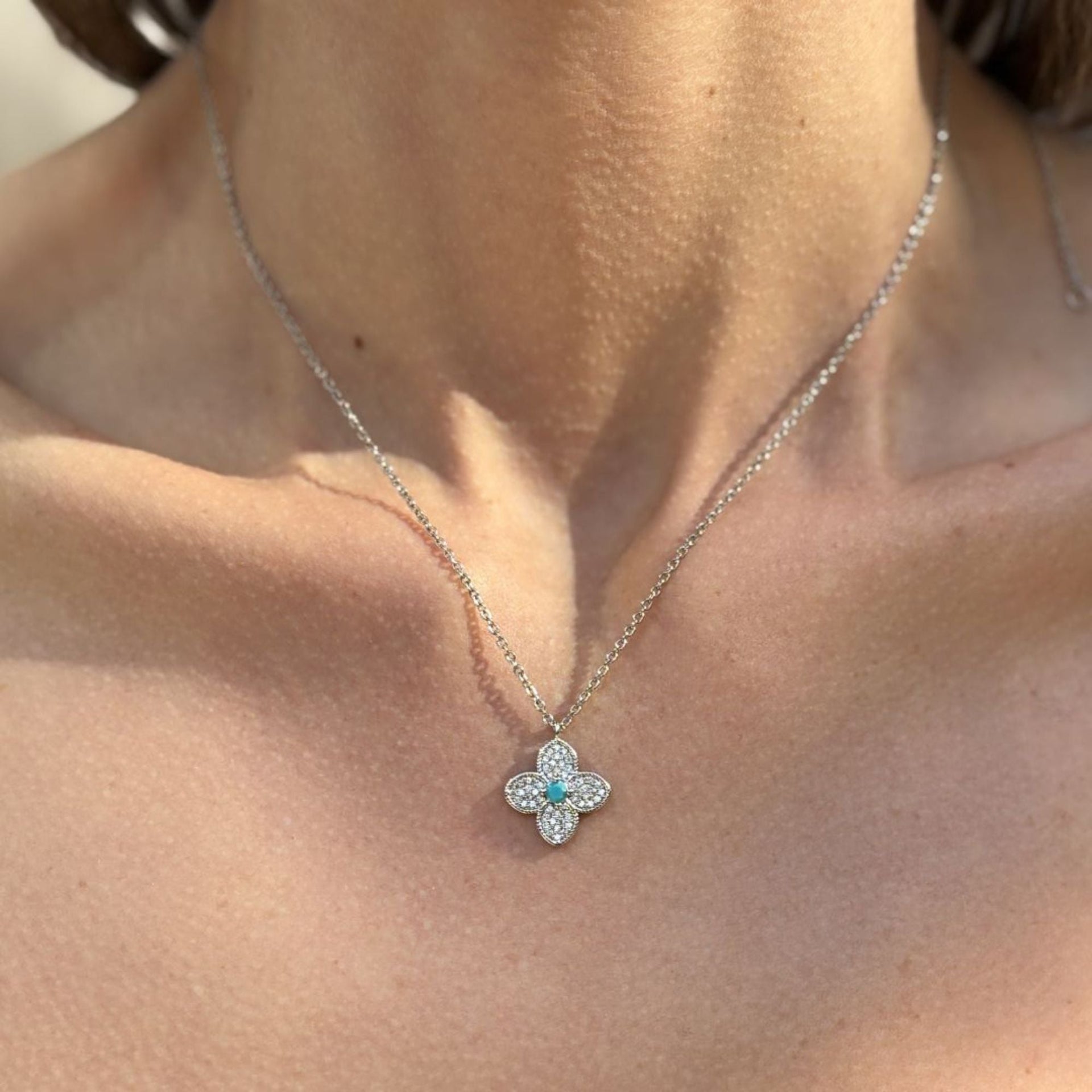 Silver Plated Turquoise Flower Necklace
