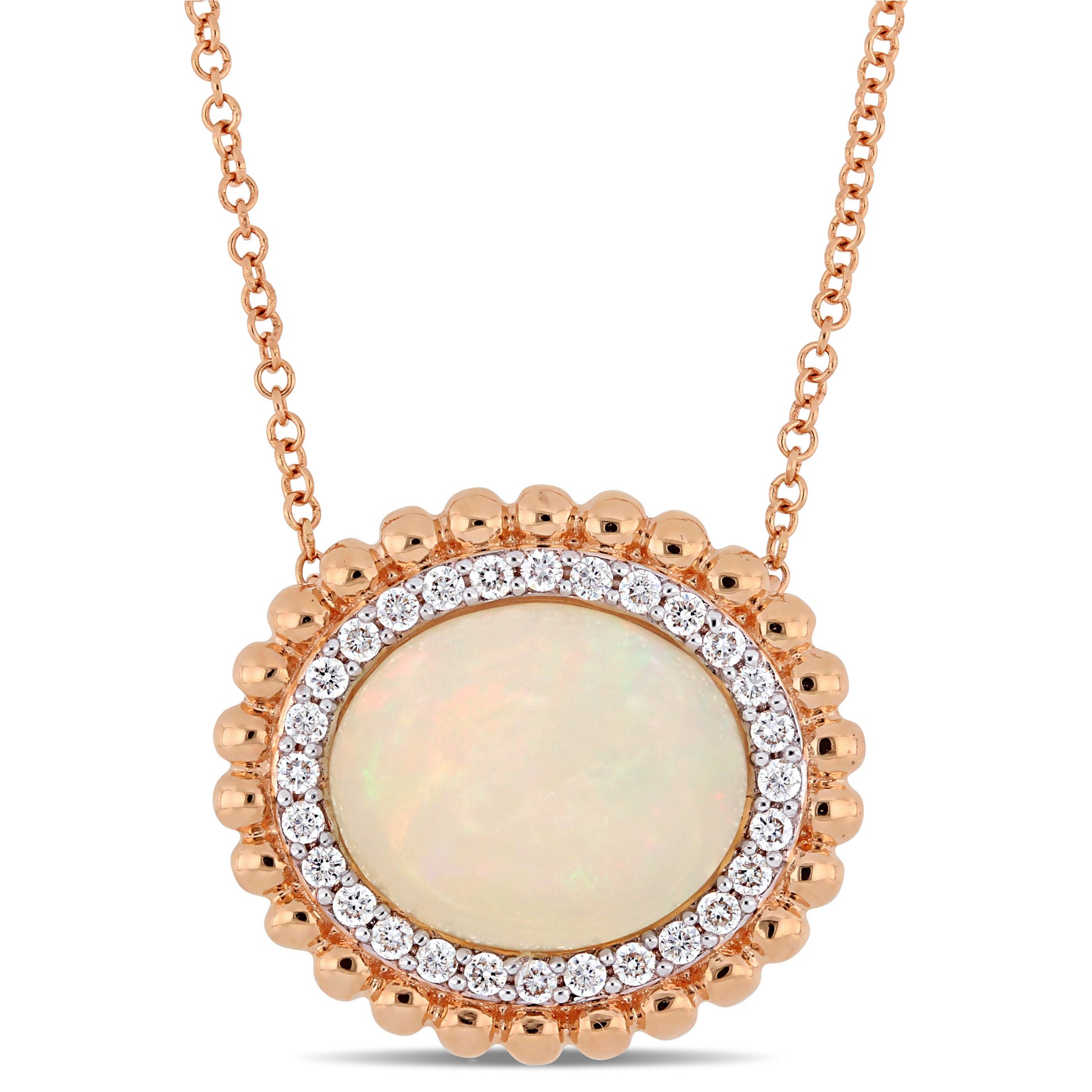 5 CT TGW Oval-Cut Ethiopian Blue-Hued Opal and 1/4 CT TW Diamond Necklace in 14K Rose Gold