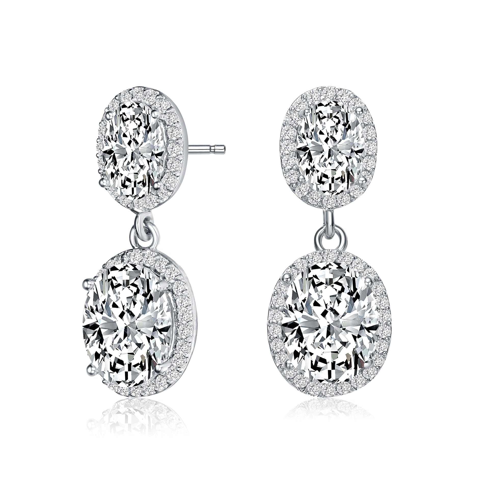 Sterling Silver With Rhodium Plated Two Clear Oval With Round Cubic Zirconia Halo Drop Earrings