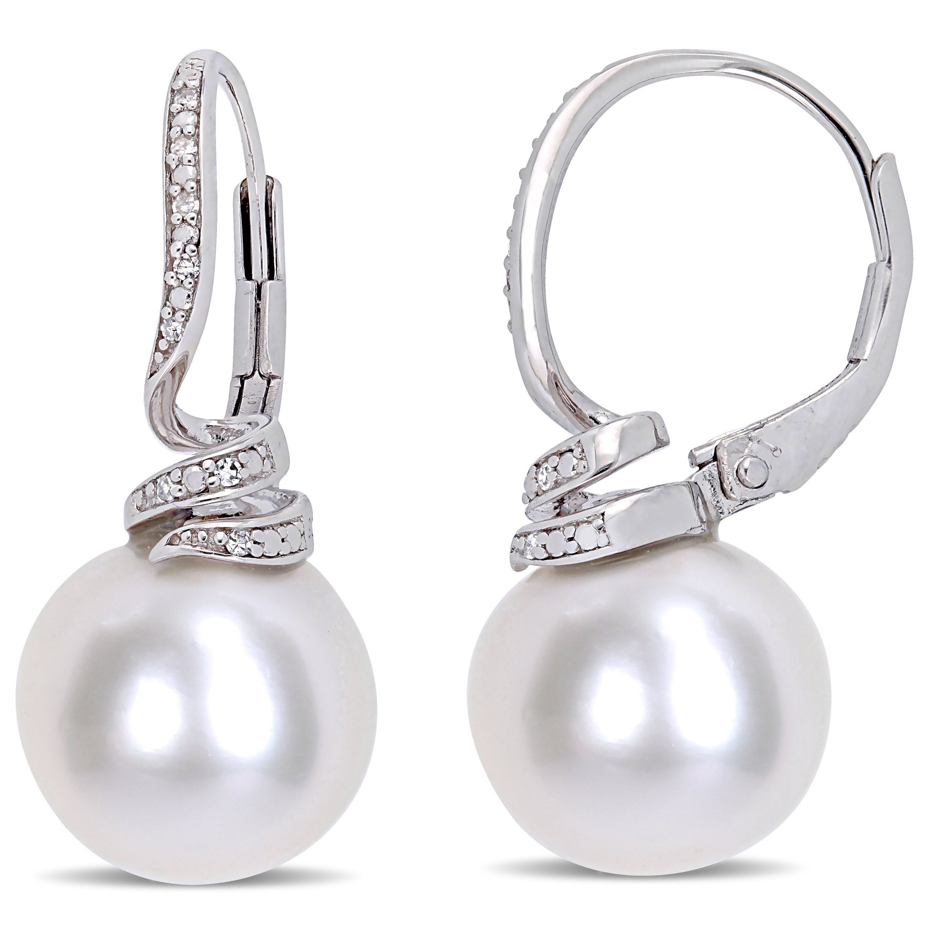 11-12mm Cultured Freshwater Pearl and Diamond Accent Swirl Leverback Earrings in Sterling Silver