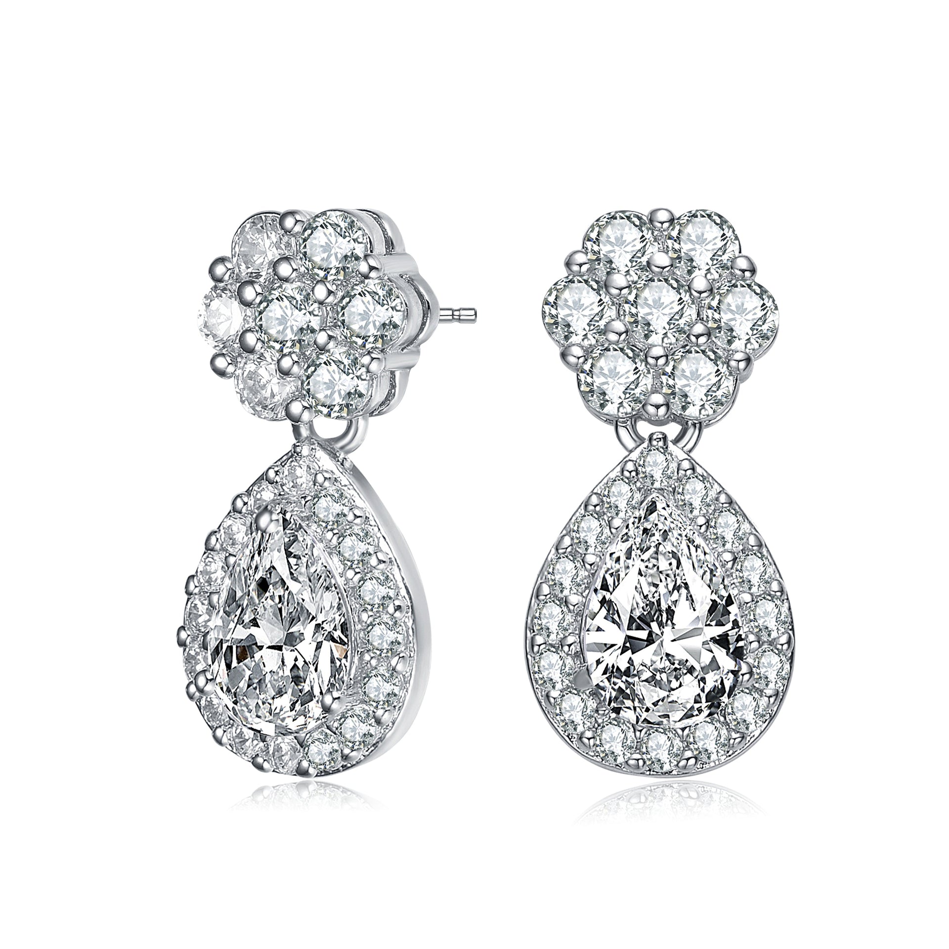 Sterling Silver Cubic Zirconia Halo Flower Post Drop Earrings