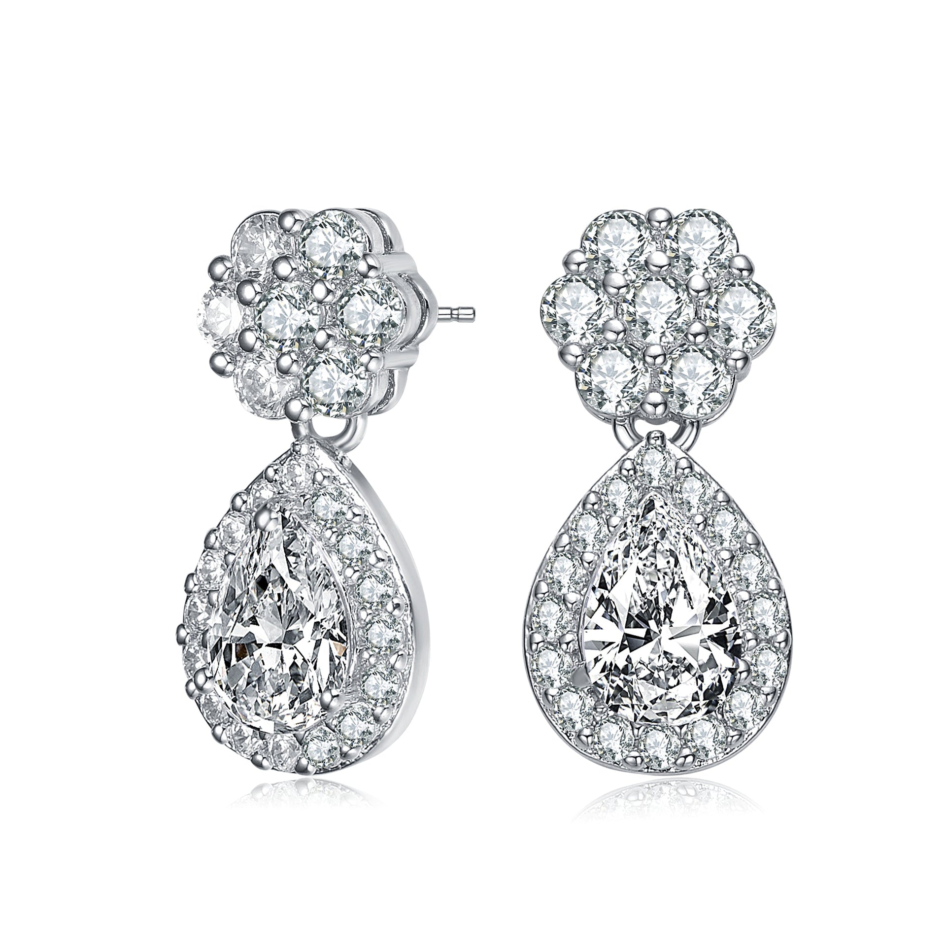 Sterling Silver Cubic Zirconia Halo Flower Post Drop Earrings