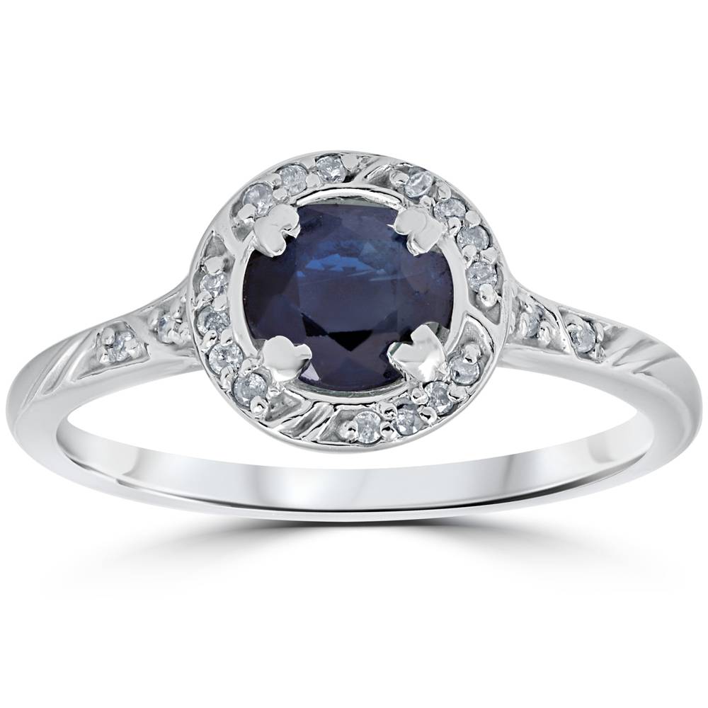 1 1/6ct Blue Sapphire Vintage Diamond Engagement Ring 14K White Gold
