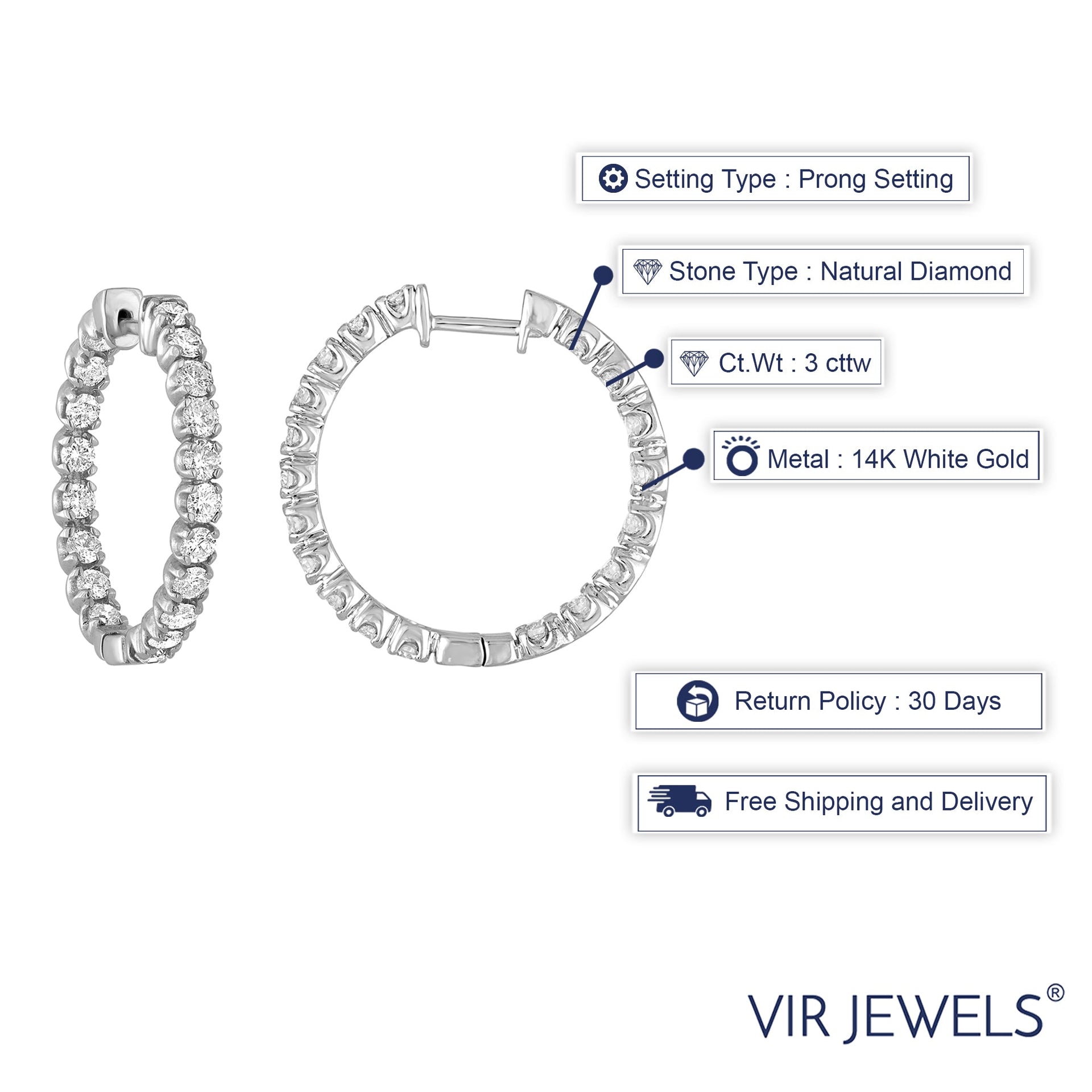 3 cttw Diamond Inside Out Hoop Earrings 14K White Gold Round Prong Set 1 Inch