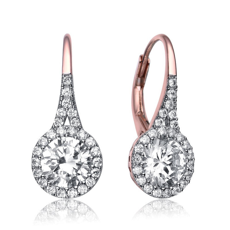 Sterling Silver with Clear Round Cubic Zirconia Partially Paved and Haloed Solitaire Drop Earring