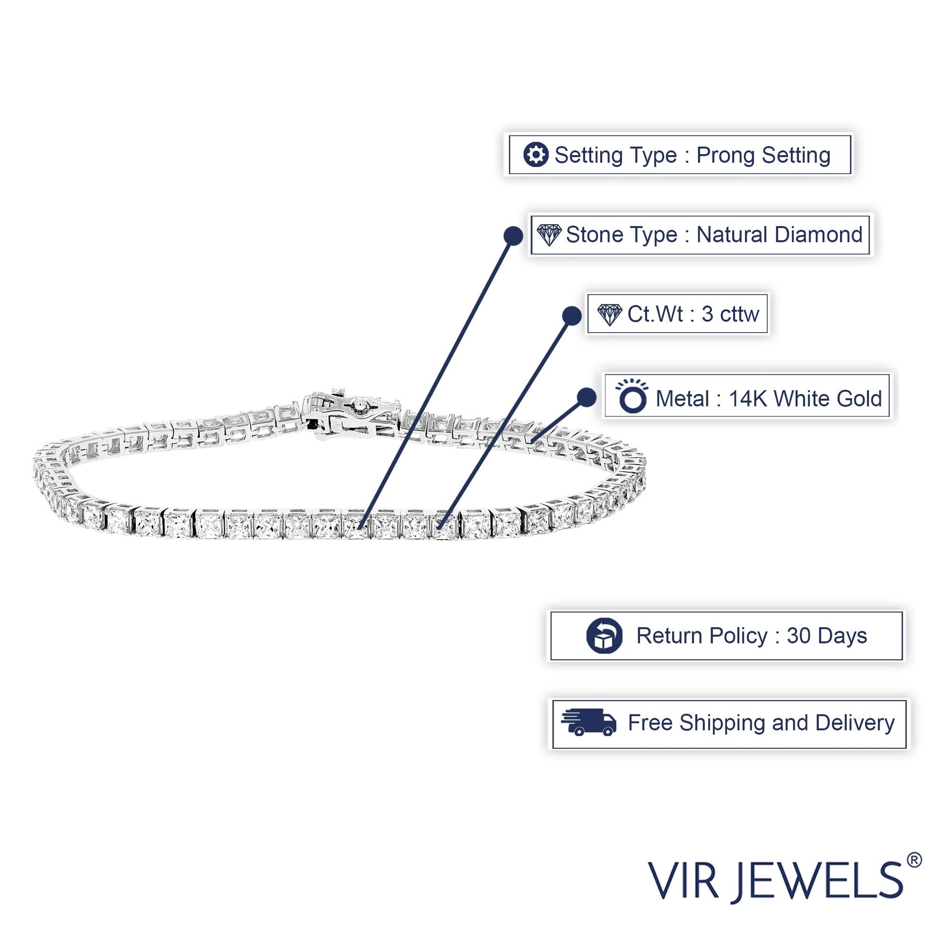 3 cttw SI2-I1 Princess Diamond Tennis Bracelet 14K White Gold 7 Inches Square