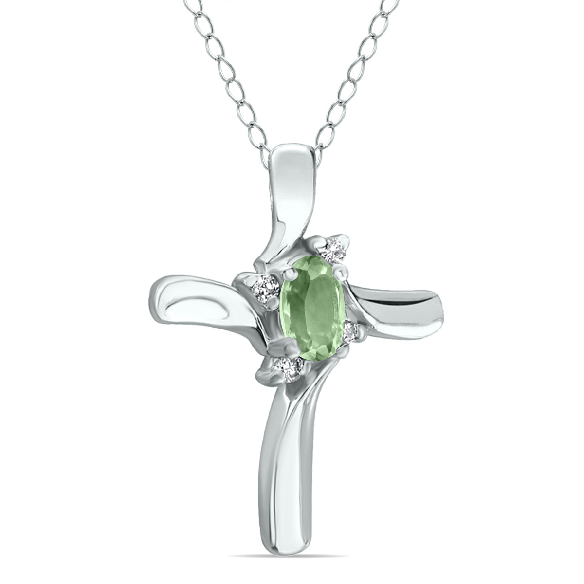 Green Amethyst Cross Diamond Pendant 10K White Gold