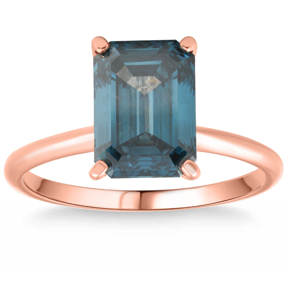 3Ct Blue Diamond Emerald Cut Solitaire Engagement 14k Ring Rose Gold Lab Grown