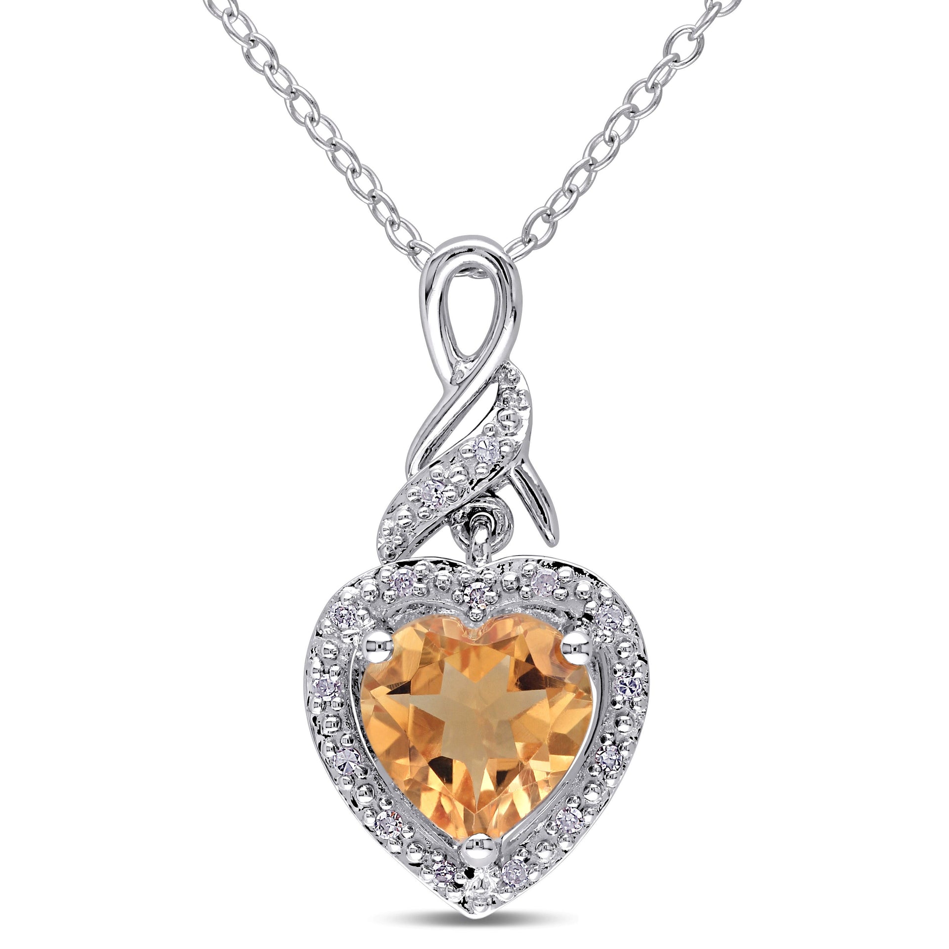 1 5/8 CT TGW Diamond and Citrine Heart Twist Pendant With Chain in Sterling Silver