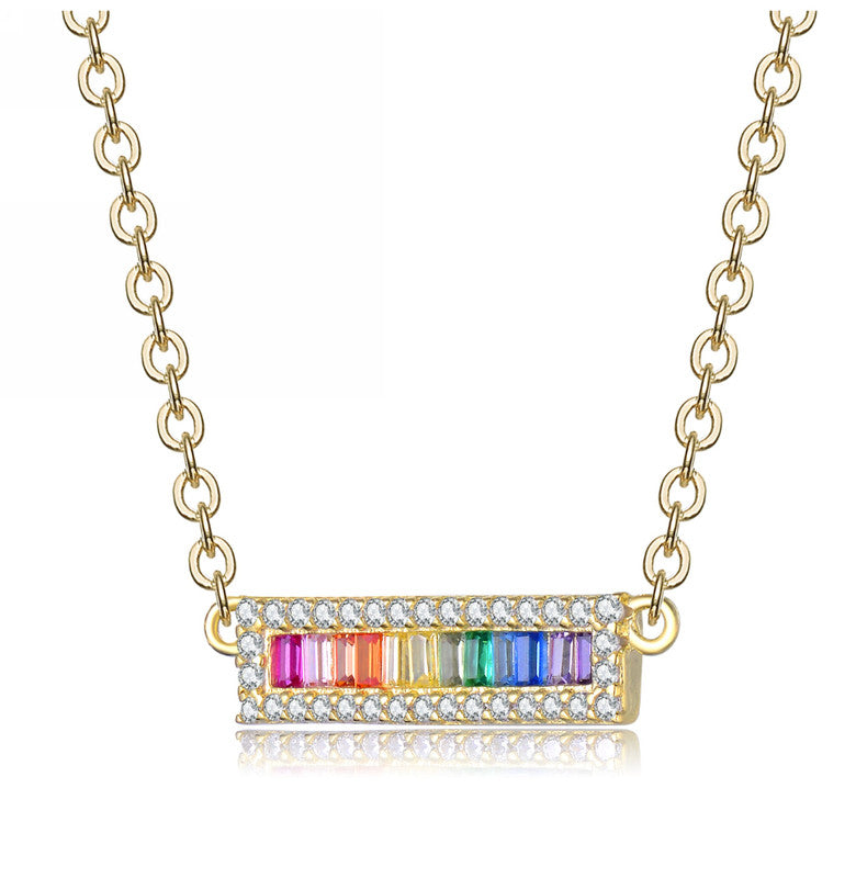 GENEVIVE Sterling Silver rainbow Cubic Zirconia Bar Pendant Necklace