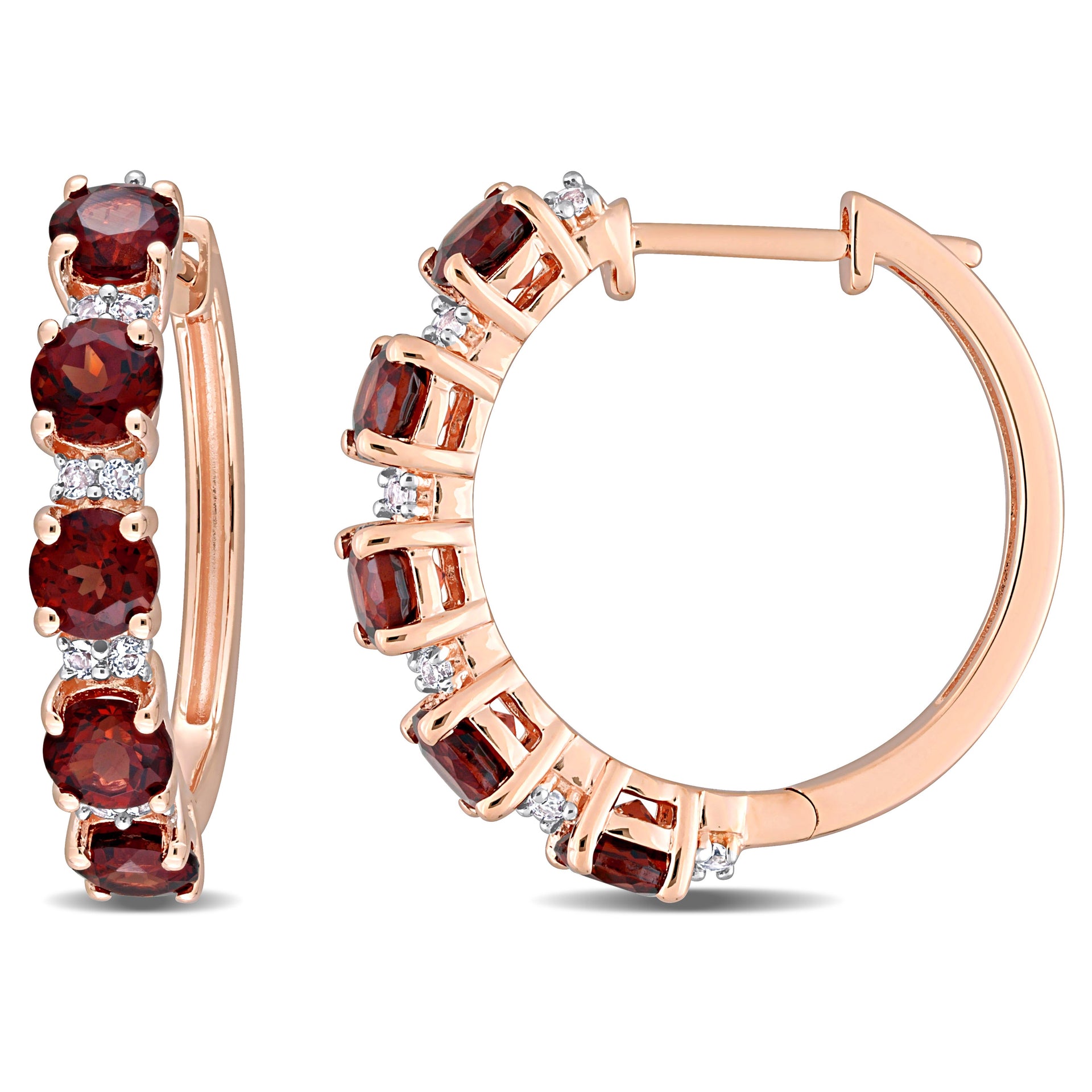 3 1/8 CT TGW Garnet and White Topaz Hoop Earrings in Rose Plated Sterling Silver
