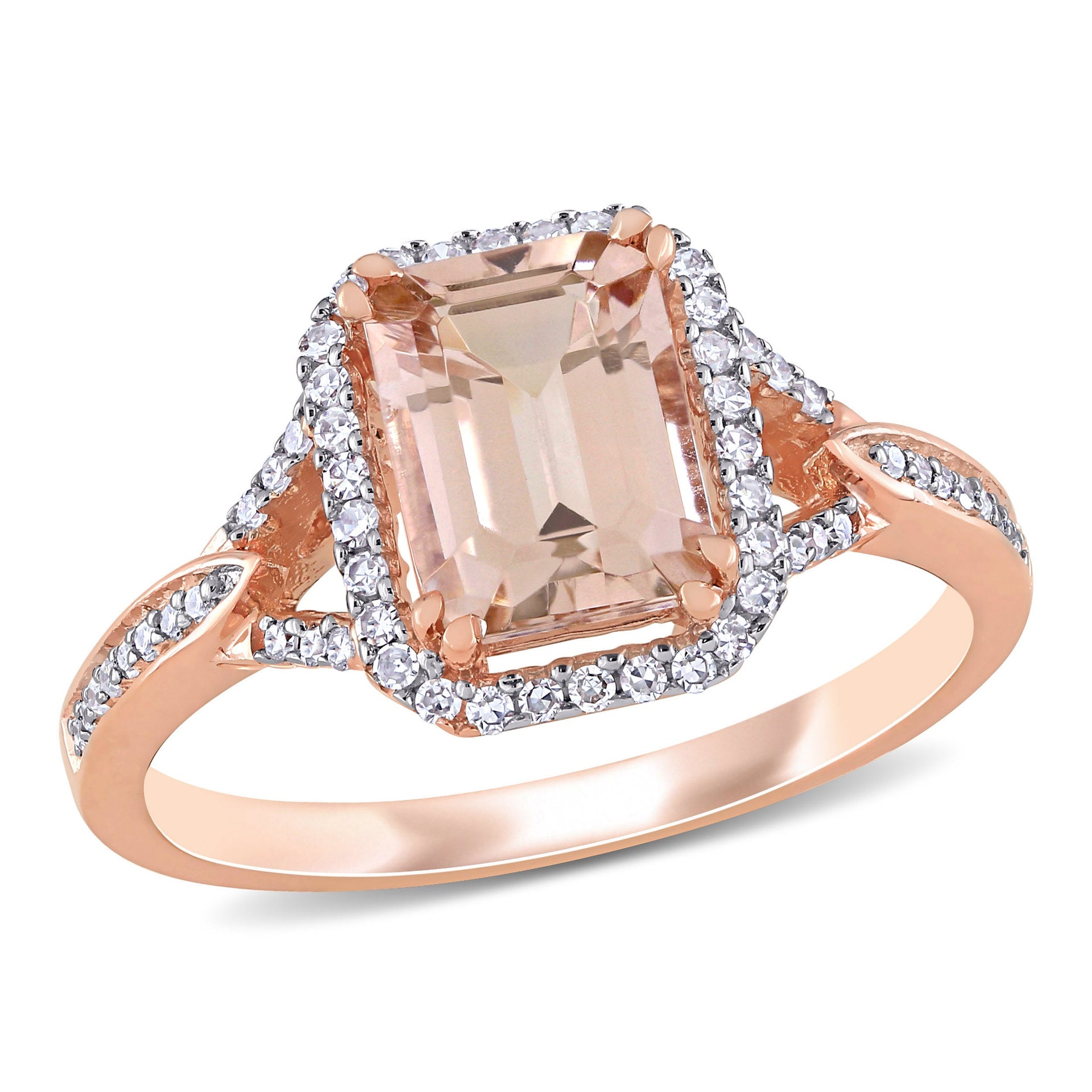 1 3/5ct TW Octagon Shape Morganite and 1/5ct TW Diamond Halo Ring in 14k Rose Gold