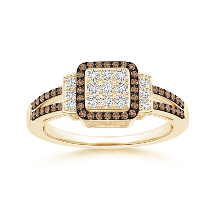 Split Shank Brown and White Diamond Square Cluster Ring