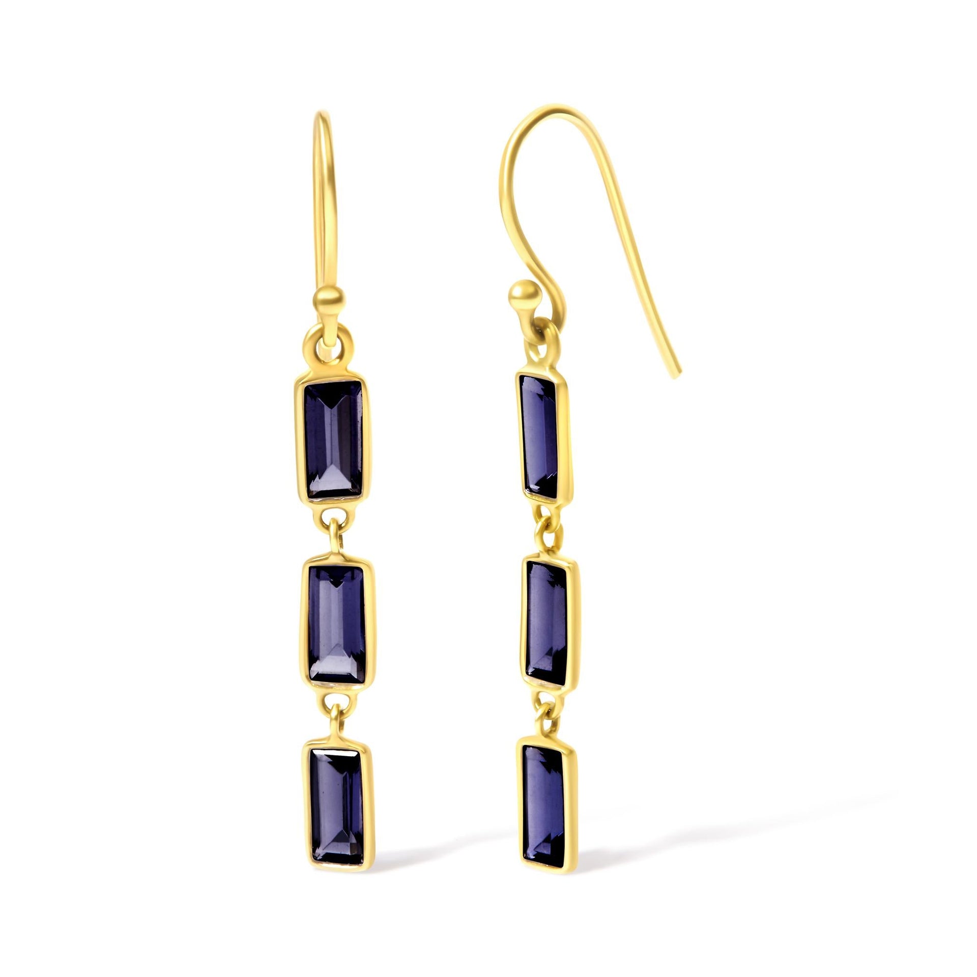 18K Yellow Gold 8x3 MM Bezel Set Purple Baguette Iolite Stiletto 1 1/2 Inch' Dangle Earrings