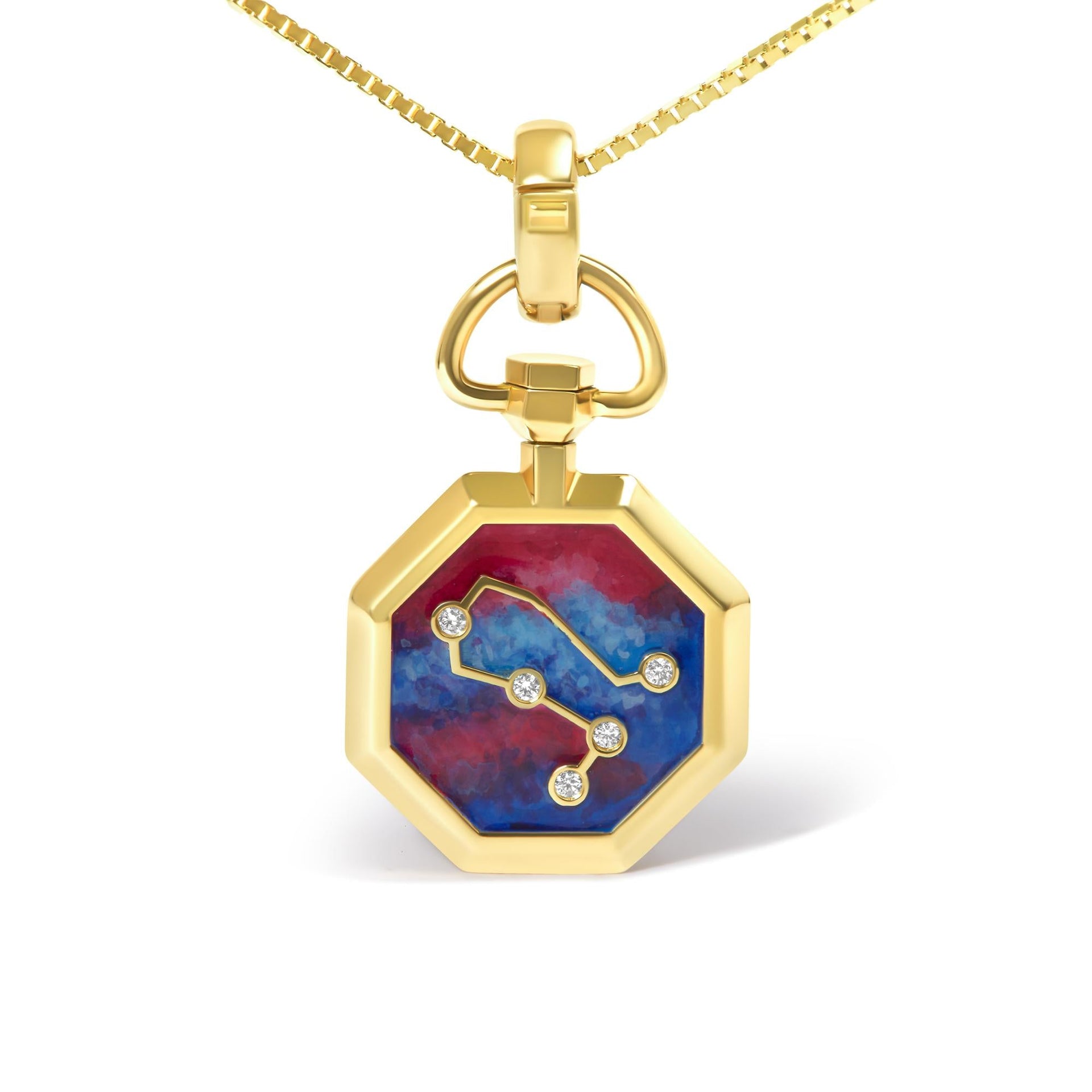 18K Yellow Gold Diamond Gemini Constellation with Red and Blue Enamel 18' Inch Pendant Necklace (H-I Color, SI2-I1 Clarity)