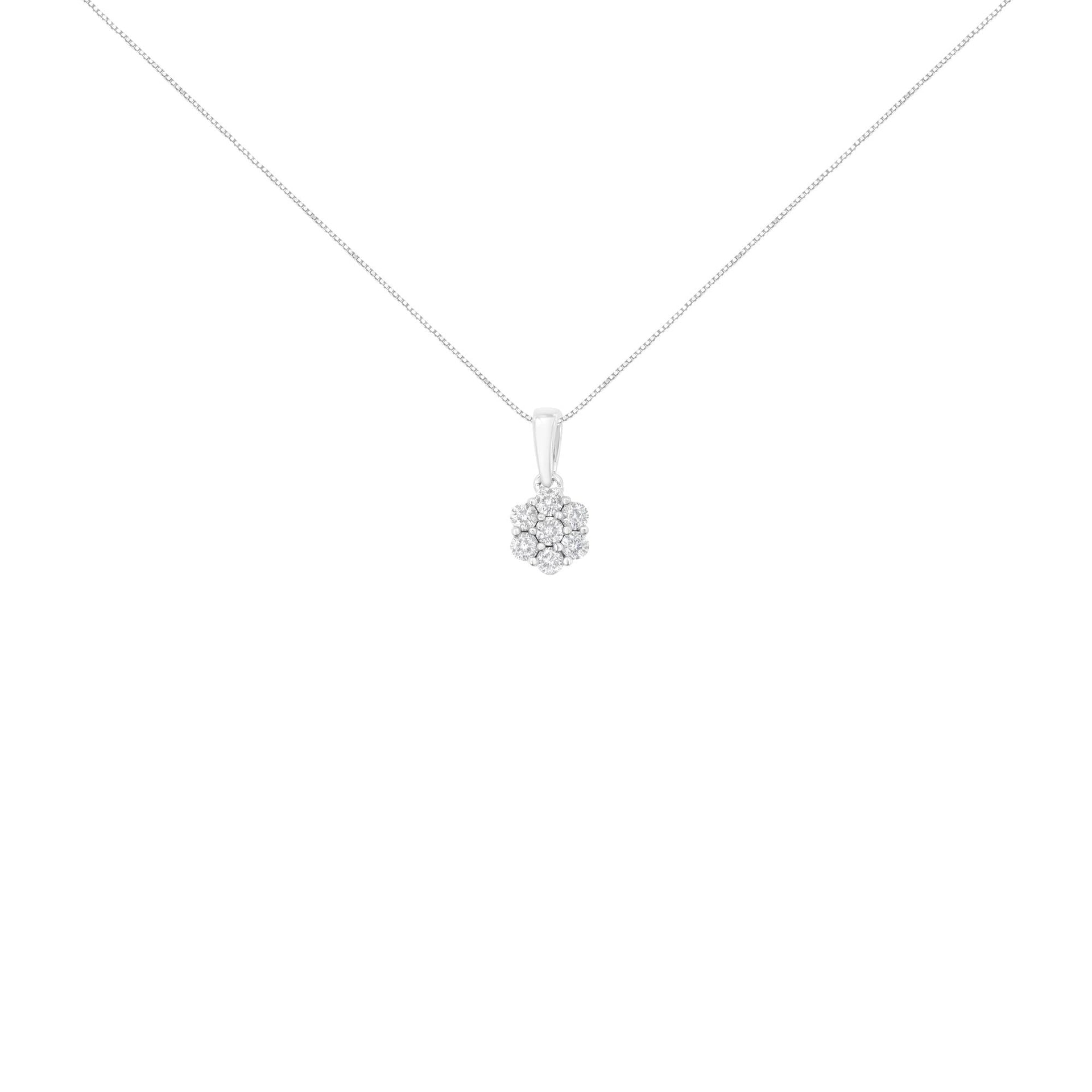 14K White Gold 1/2 cttw Prong Set Round-Cut Diamond 7 Stone Floral Cluster 18' Pendant Necklace (H-I Color, I1-I2 Clarity)