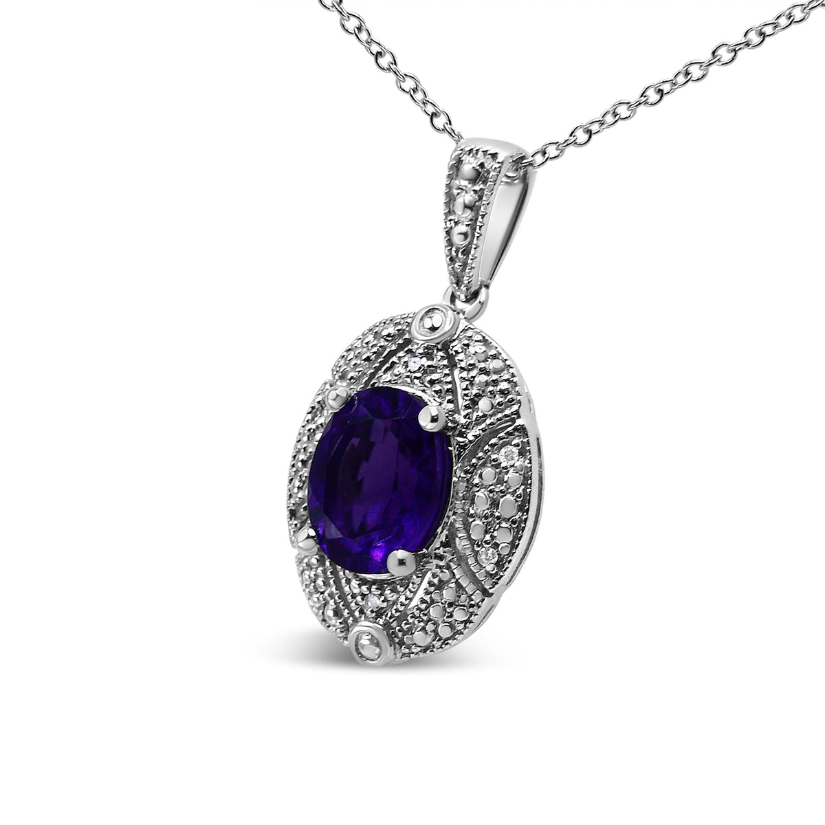 .925 Sterling Silver Diamond Accent and 9x7mm Purple Oval Amethyst Gemstone Pendant 18' Necklace (I-J Color, I1-I2 Clarity)
