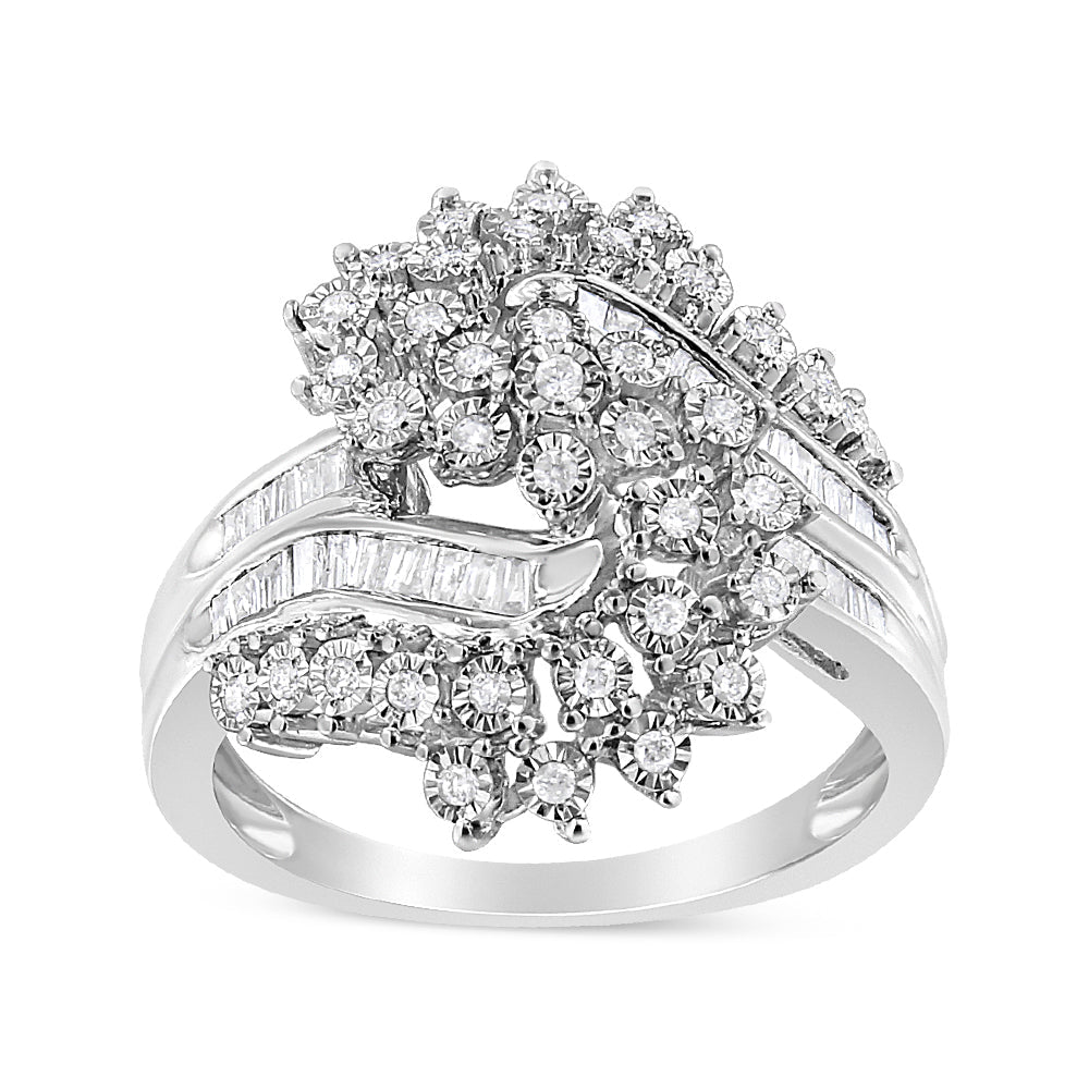 10K White Gold 1/2 Cttw Round and Baguette-Cut 'S' Shaped Bypass Cocktail Ring (I-J Color, I1-I2 Clarity)