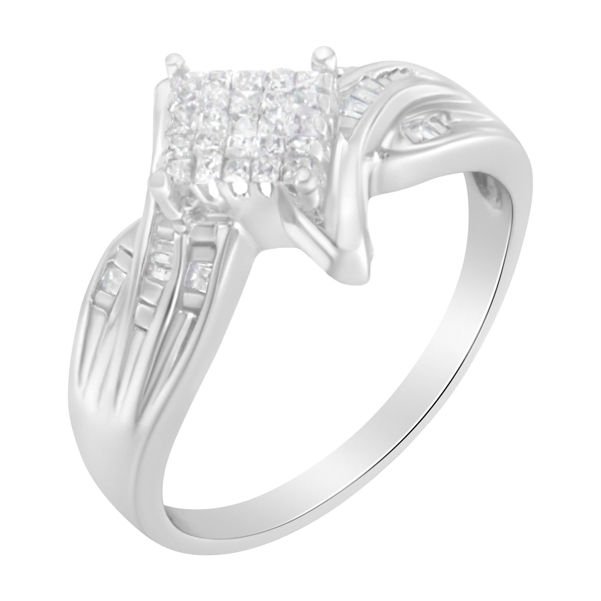 10K White Gold 1/3 Cttw Princess and Baguette Cut Diamond Bypass Style Cocktail Ring (I-J Color, I1-I2 Clarity)