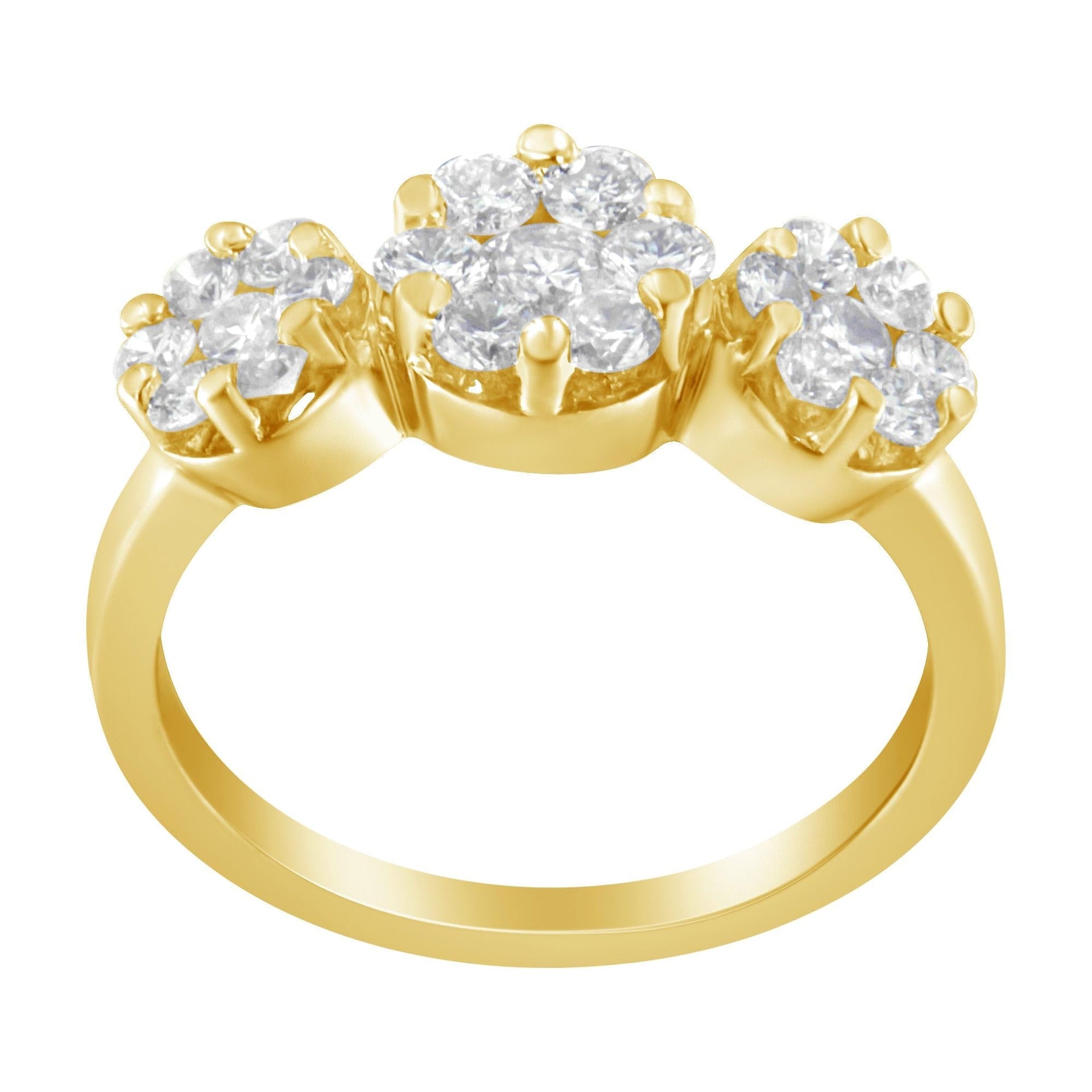 14K Yellow Gold 1-1/4 Cttw Brilliant Cut Diamond Three Round Floral Clusters Engagement or Fashion Ring (H-I Color, SI2-I1 Clarity)