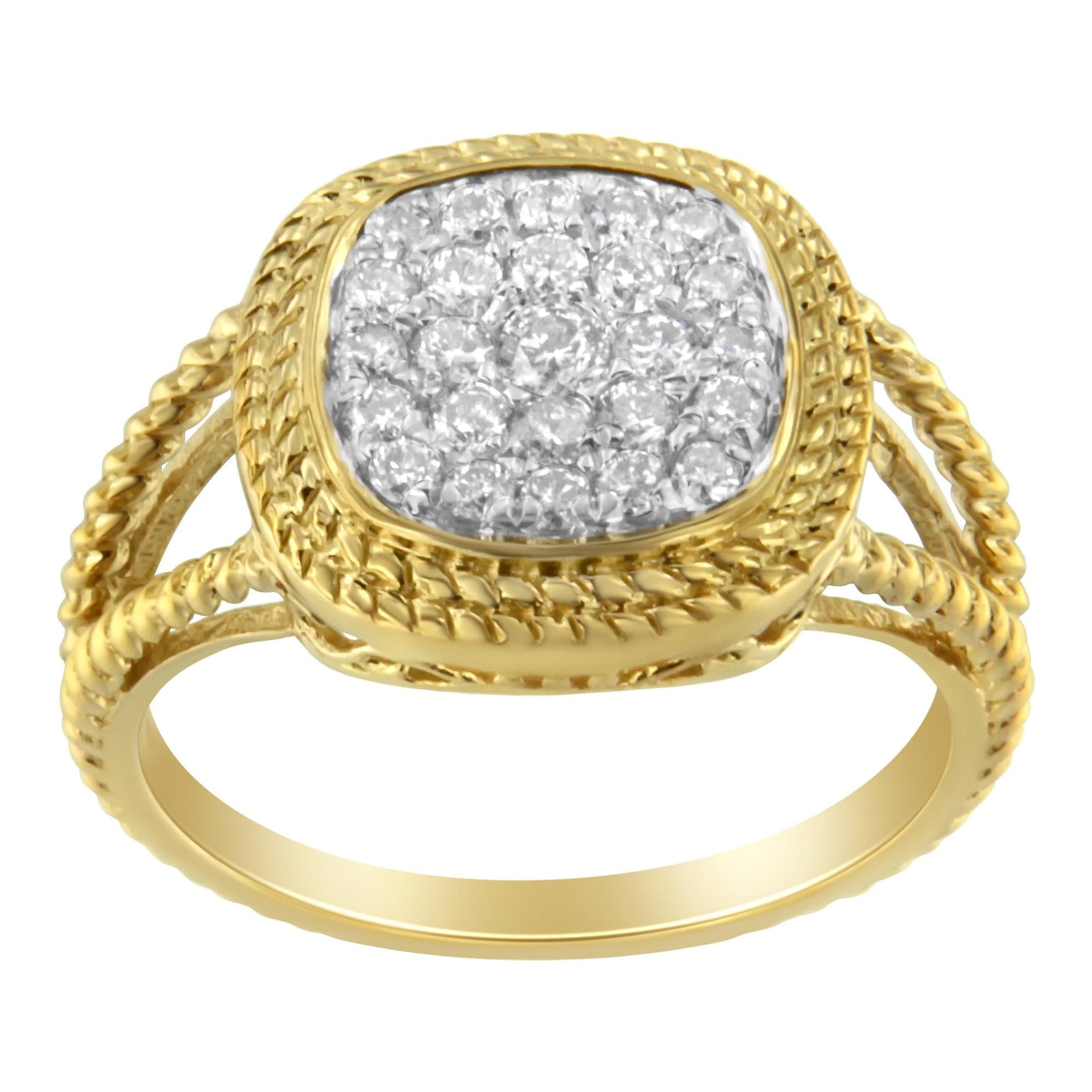 10K Yellow Gold Plated .925 Sterling Silver 1/2 Cttw Diamond Square Cushion Cluster Split Shank Cocktail Ring (J-K Color, I2-I3 Clarity)