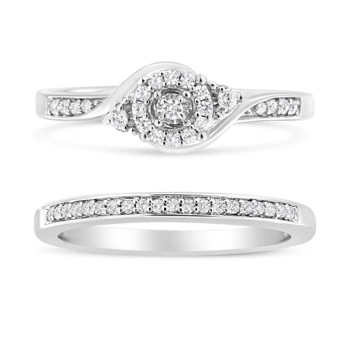 .925 Sterling Silver 1/4 Cttw Diamond Halo and Swirl Engagement Ring and Wedding Band Set (I-J Color, I3 Clarity)