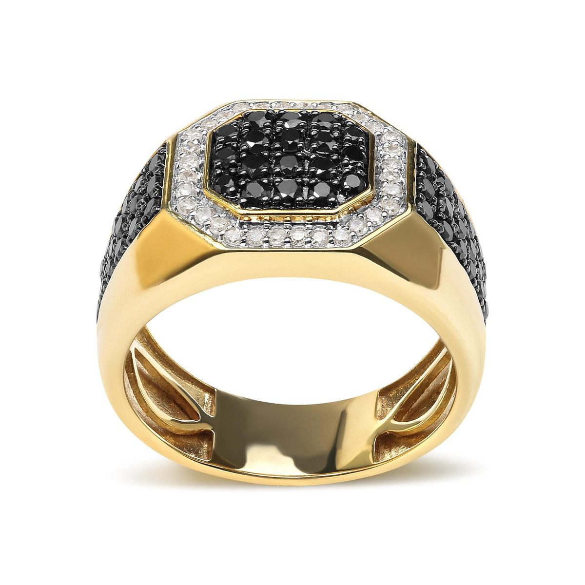 Men's 10K Yellow Gold 1 1/4 Cttw White and Treated Black Diamond Octagonal Halo Band Ring (I-J Color, I2-I3 Clarity)