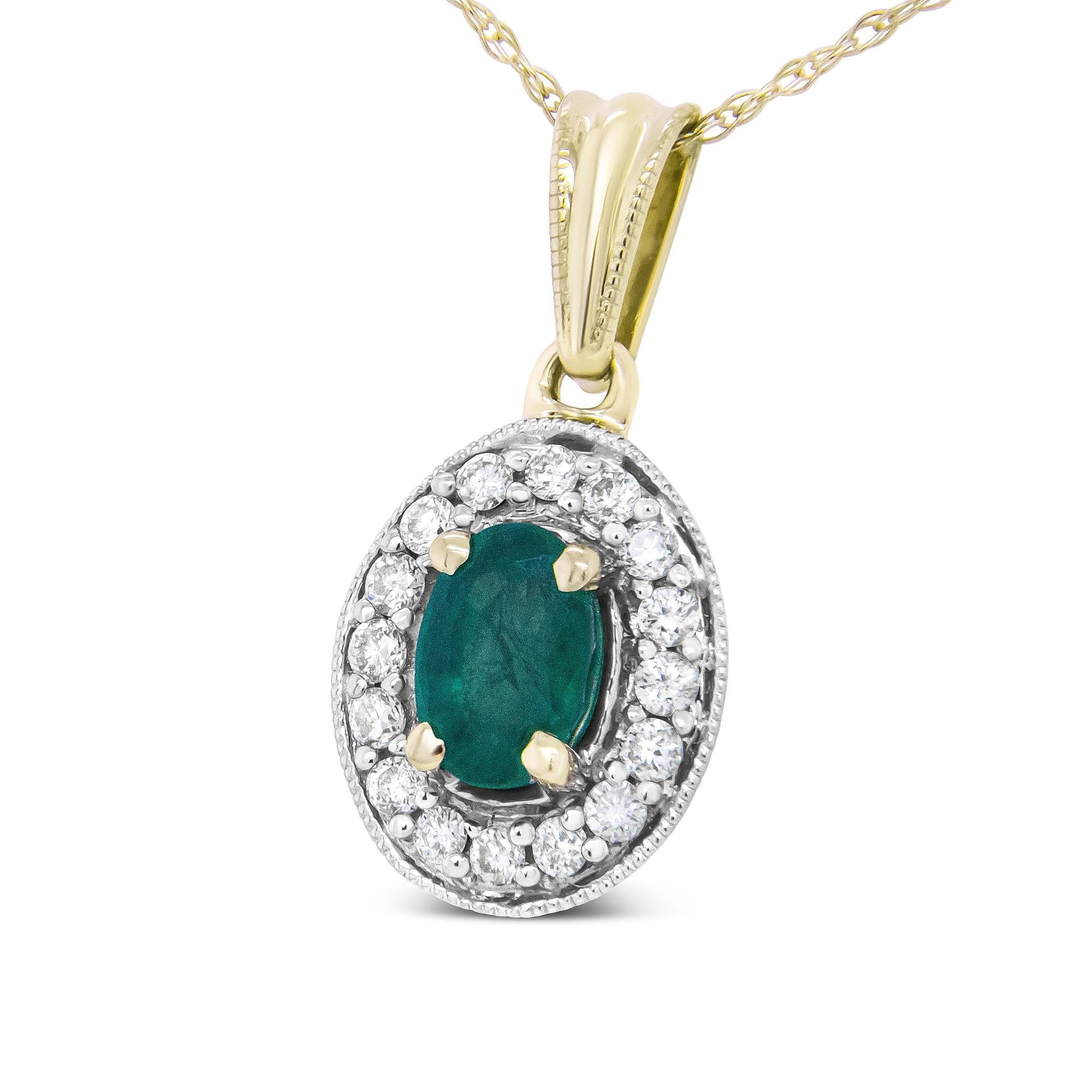 14K Yellow Gold 6x4mm Emerald and 1/5 Cttw Round Diamond Halo Pendant 18' Necklace - (H-I Color, SI1-SI2 Clarity)