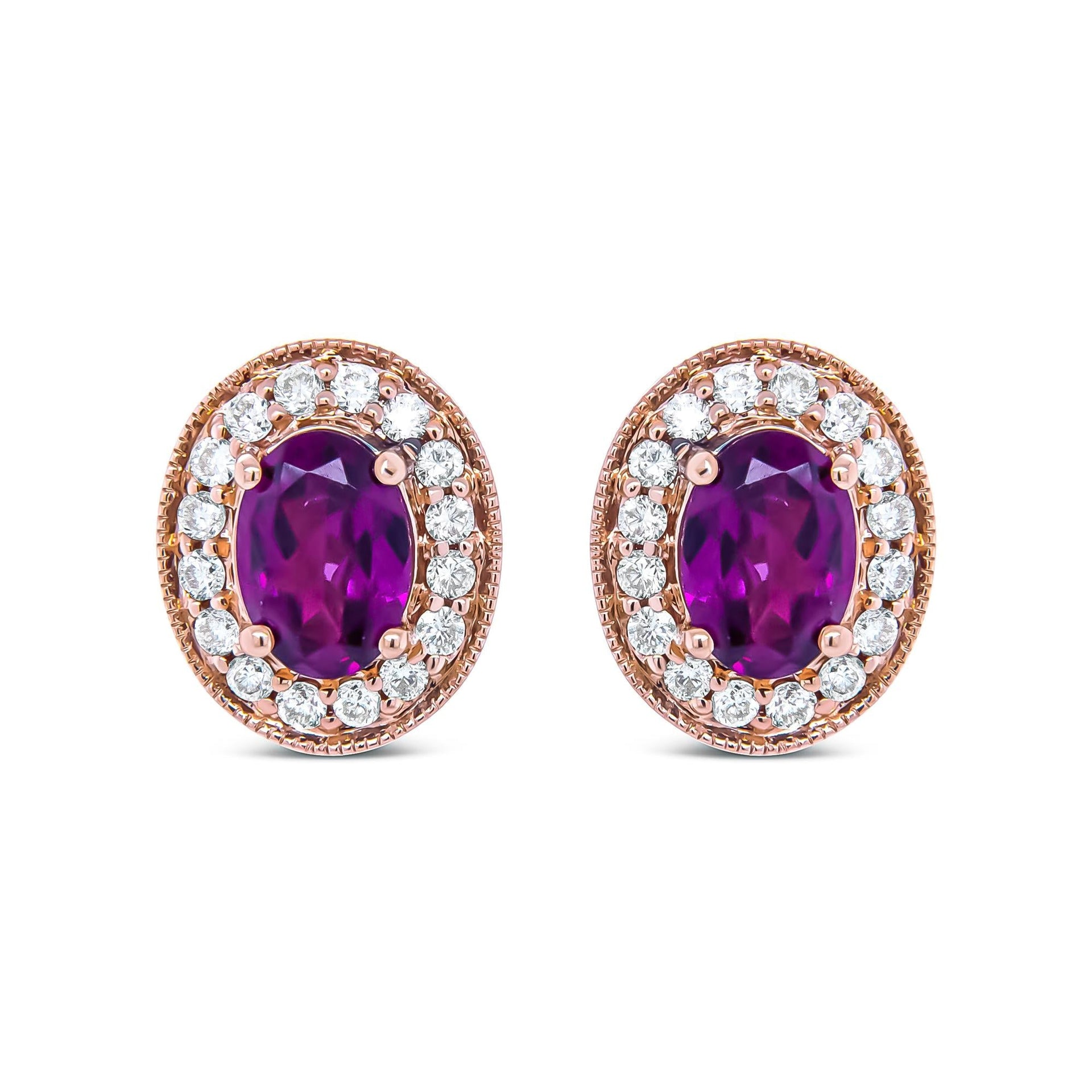 14K Rose Gold 7x5mm Oval Cut Garnet and 3/8 Cttw Round Diamond Halo Stud Earrings (G-H Color, SI1-SI2 Clarity)