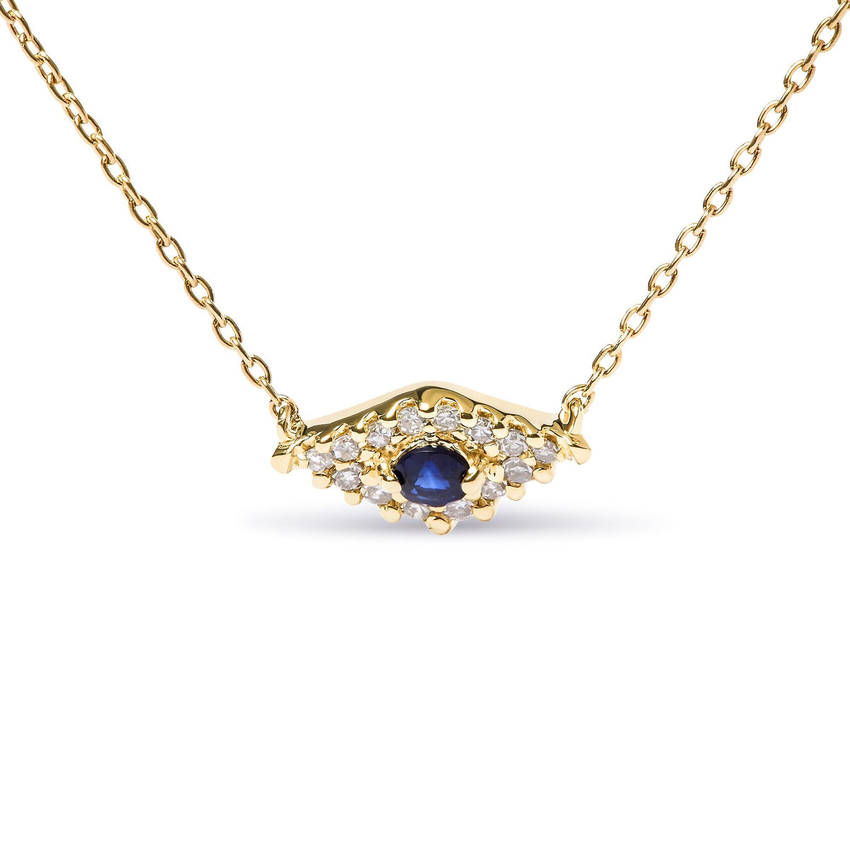 10K Yellow Gold Blue Sapphire and Diamond Accented Evil Eye 18' Inch Pendant Necklace (H-I Color, I1-I2 Clarity)