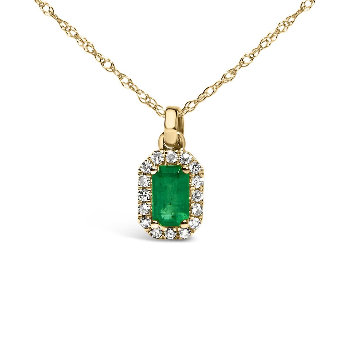 10K Yellow Gold 5x3mm Green Emerald and Diamond Accent Halo Octagonal Shape 18' Pendant Necklace (I-J Color, I1-I2 Clarity)