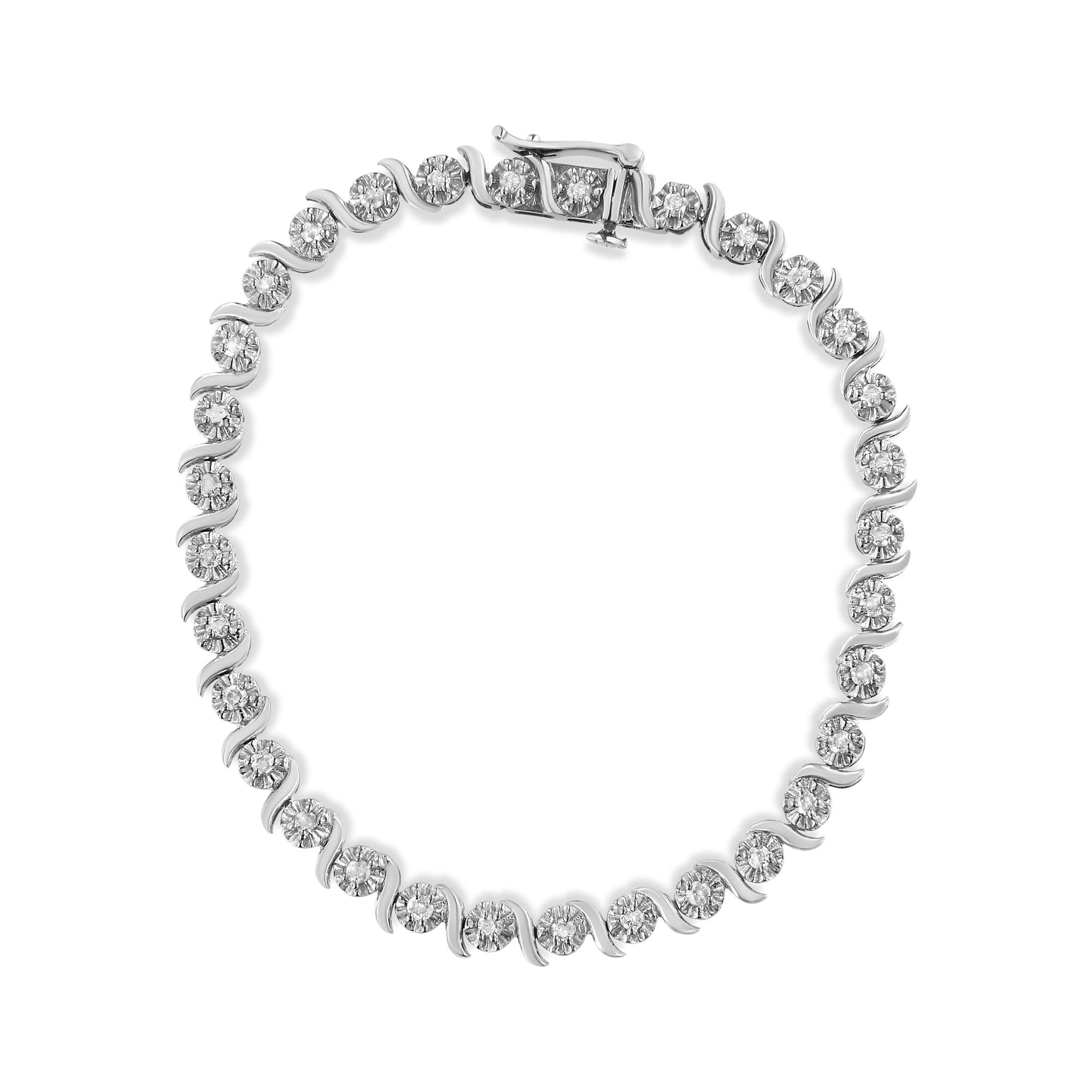 .925 Sterling Silver 1.0 Cttw Diamond Spiral Wave Curved-Link 7' Tennis Bracelet (I-J Color, I3 Clarity)