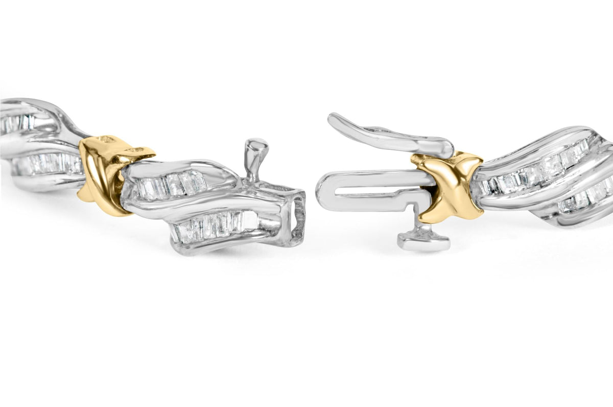 10k Two-Toned Gold 2.00 Cttw Channel Set Baguette-Diamond Weave and  'X' Spiral Link Bracelet (H-I Color, I1-I2 Clarity) - 7'