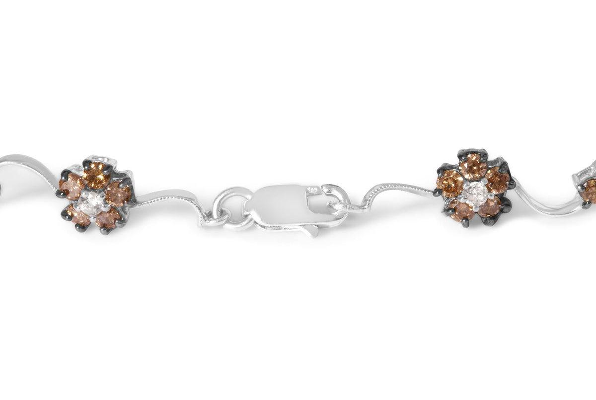 10K White Gold 4.0 Cttw Champagne and White Diamond Floral Cluster and Station Link Bracelet (H-I Color, SI2-I1 Clarity) - 7' Inches