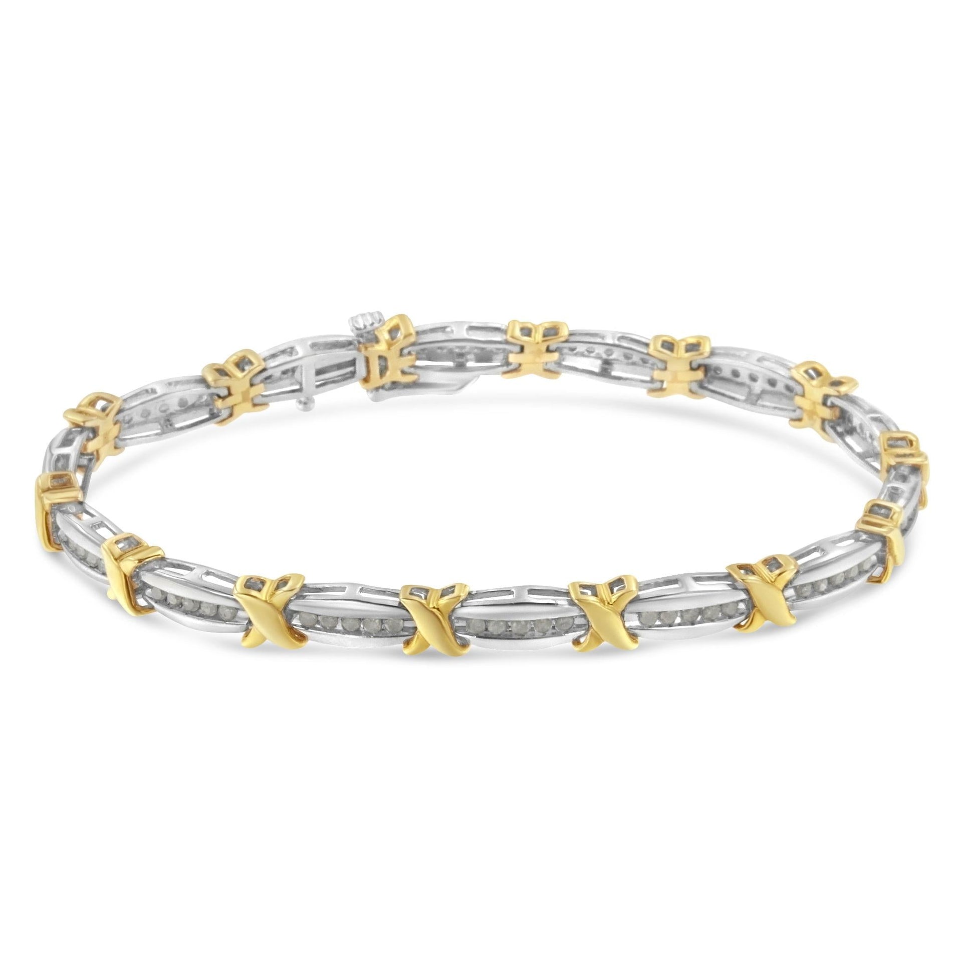 Two-Tone 10K Yellow Gold over .925 Sterling Silver 1.0 Cttw Diamond Channel Set Tapered & X-Link 7' Tennis Bracelet (H-I Color, I2-I3 Clarity)