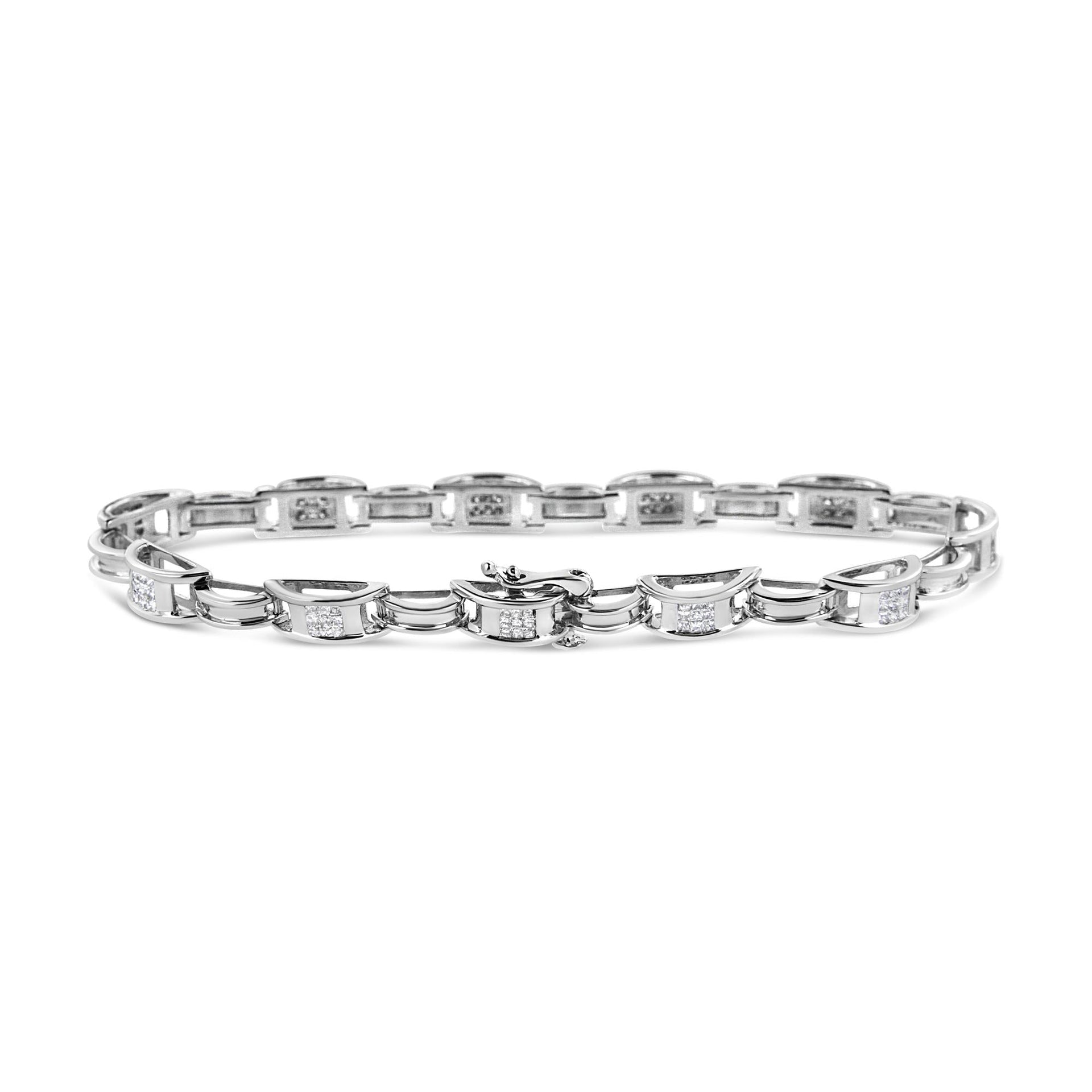 14K White Gold 1.0 Cttw Invisible Set Princess Diamond Alternating Link Tennis Bracelet (I-J Color, I1-I2 Clarity) - 7.25'