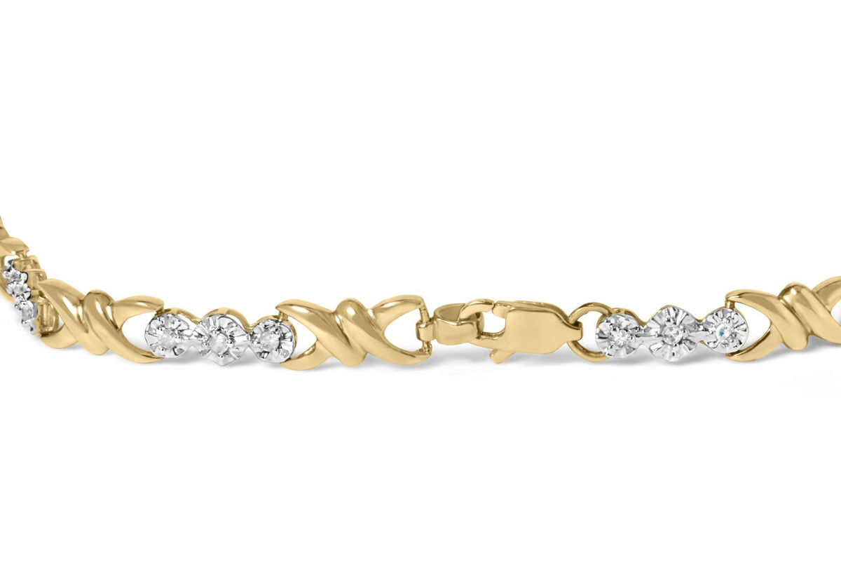 10k Yellow Gold 1/3 Cttw Diamond 3 Stone and X-Link Bracelet (I-J Color, I1-I2 Clarity) - 7.50' Inches